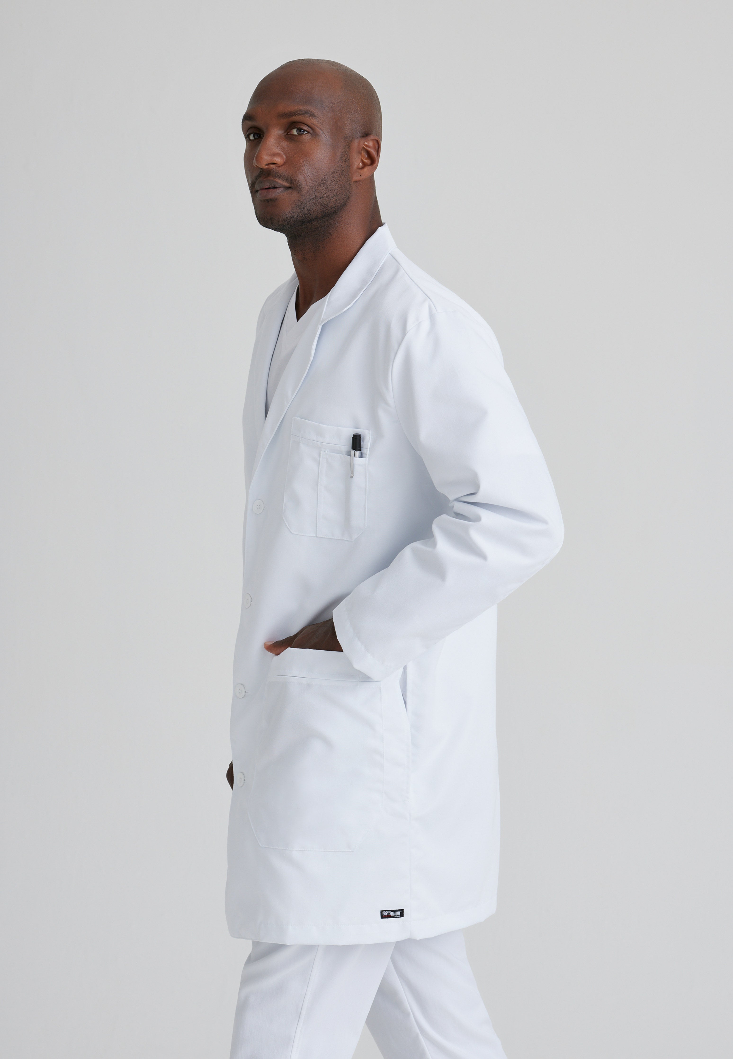 Side View of the Noah 5-Pocket 37" Lab Coat in White from Grey's Anatomy™ by Barco Classic