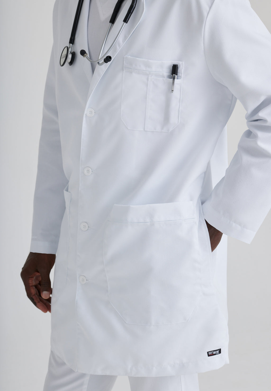 Detail Shot of the Noah 5-Pocket 37" Lab Coat in White from Grey's Anatomy™ by Barco Classic