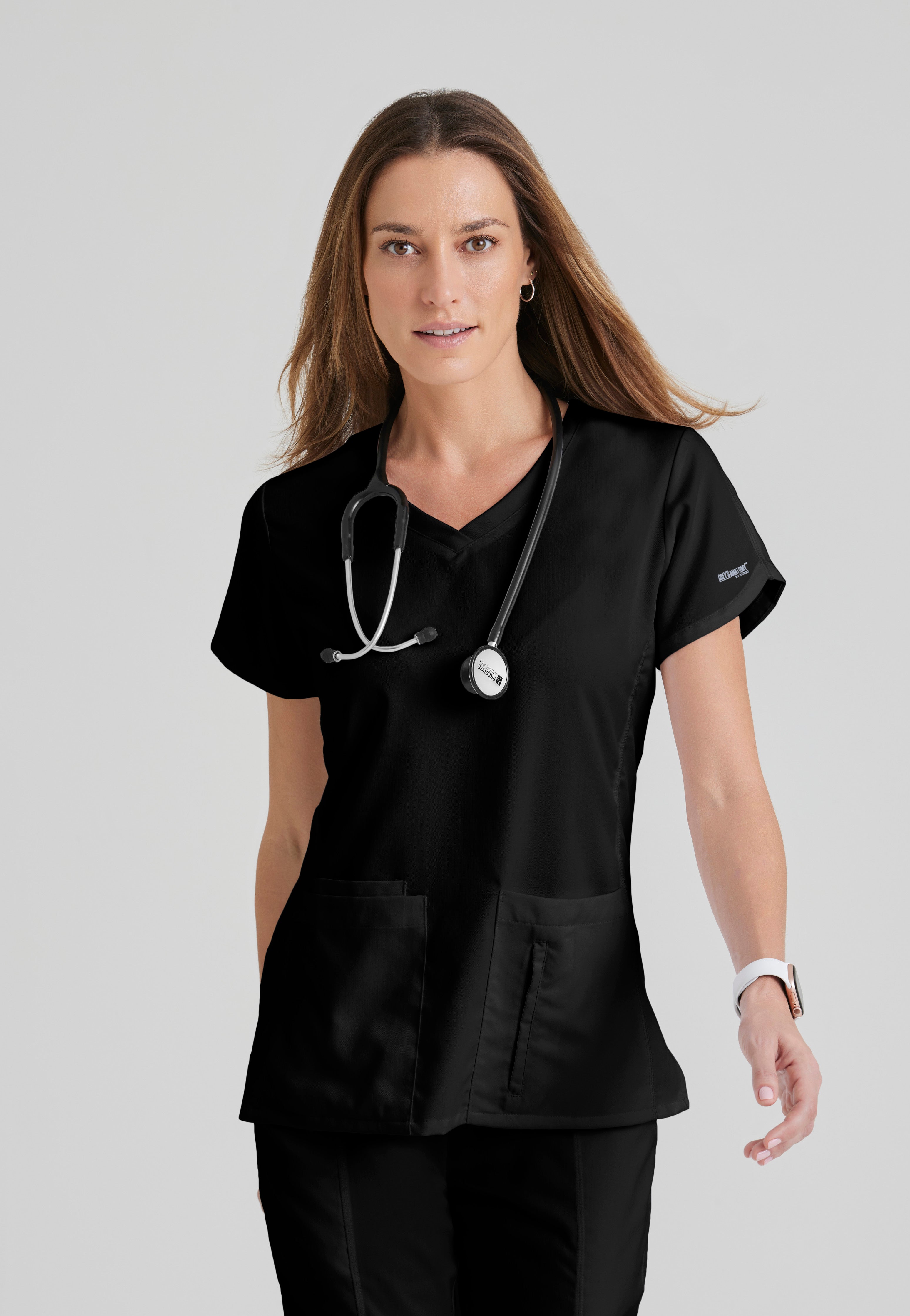 Front View of the Cora 4-Pocket Scrub Top in Black from Grey's Anatomy™ by Barco Classic