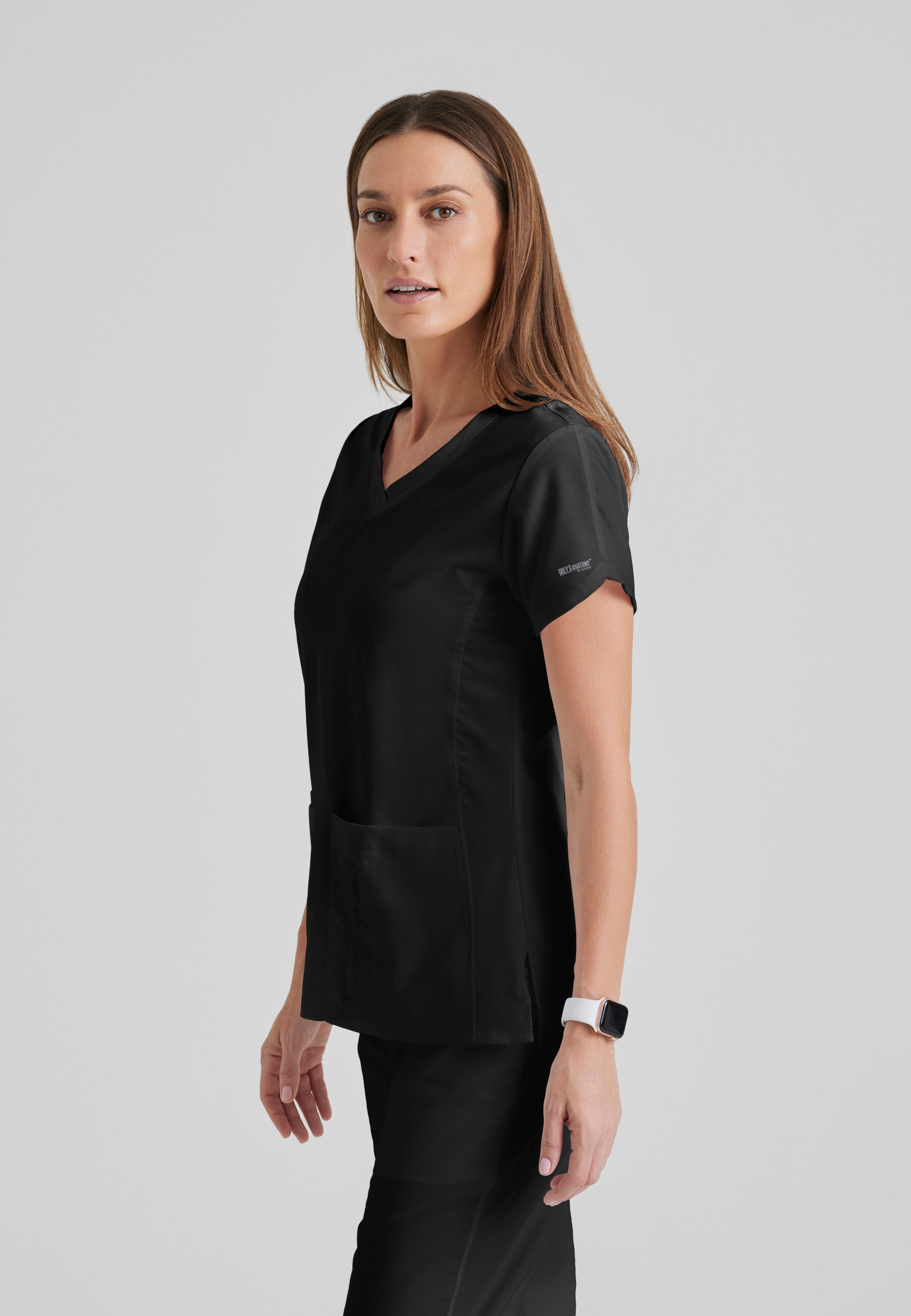 Side View of the Cora 4-Pocket Scrub Top in Black from Grey's Anatomy™ by Barco Classic