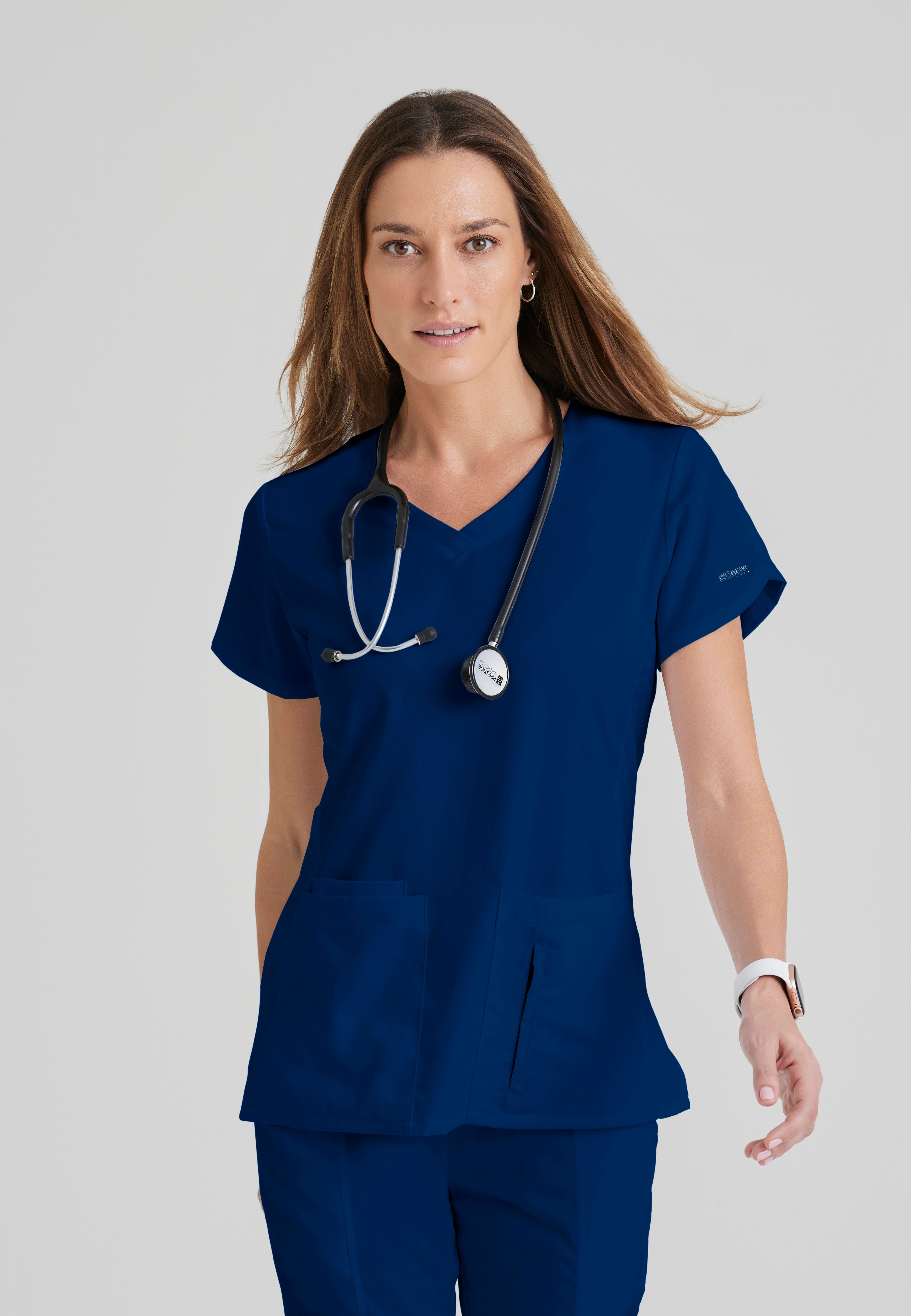 Front View of the Cora 4-Pocket Scrub Top in Indigo from Grey's Anatomy™ by Barco Classic