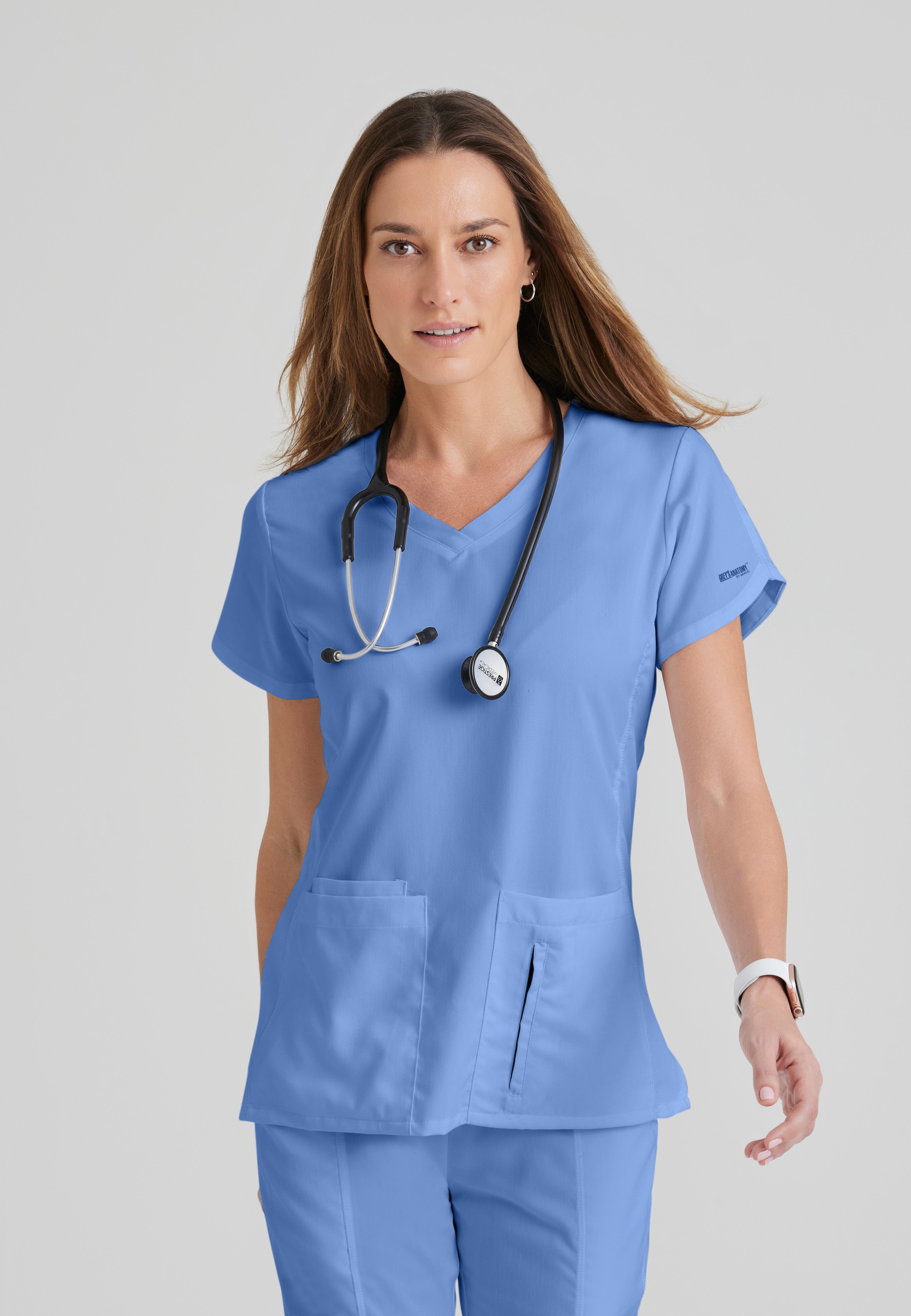 Front View of the Cora 4-Pocket Scrub Top in Ciel Blue from Grey's Anatomy™ by Barco Classic