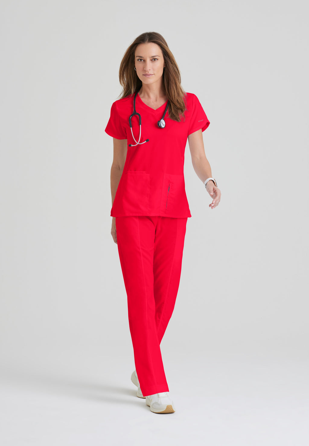 Full Body View of the Cora 4-Pocket Scrub Top in Scarlet Red from Grey's Anatomy™ by Barco Classic