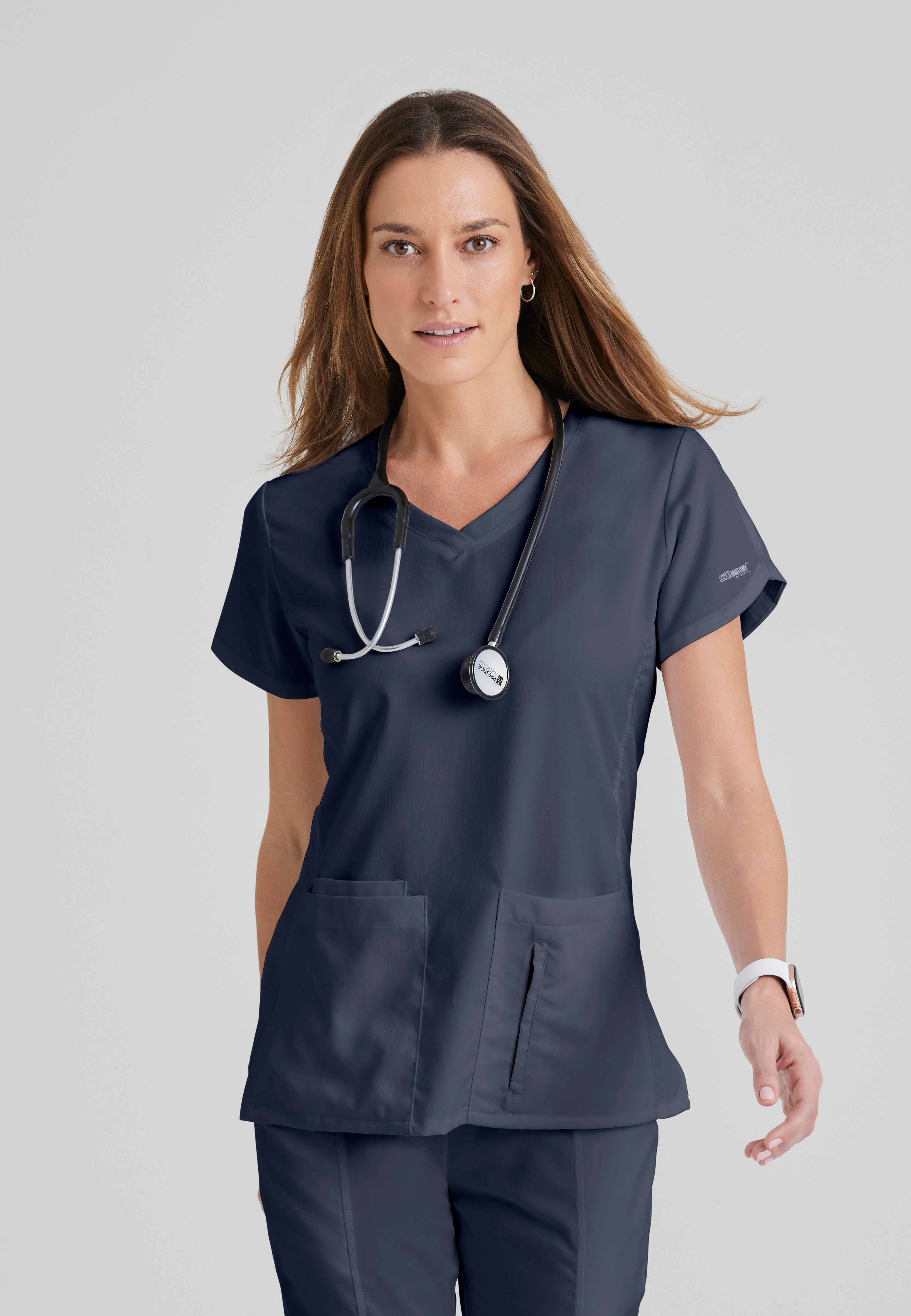 Front View of the Cora 4-Pocket Scrub Top in Steel from Grey's Anatomy™ by Barco Classic
