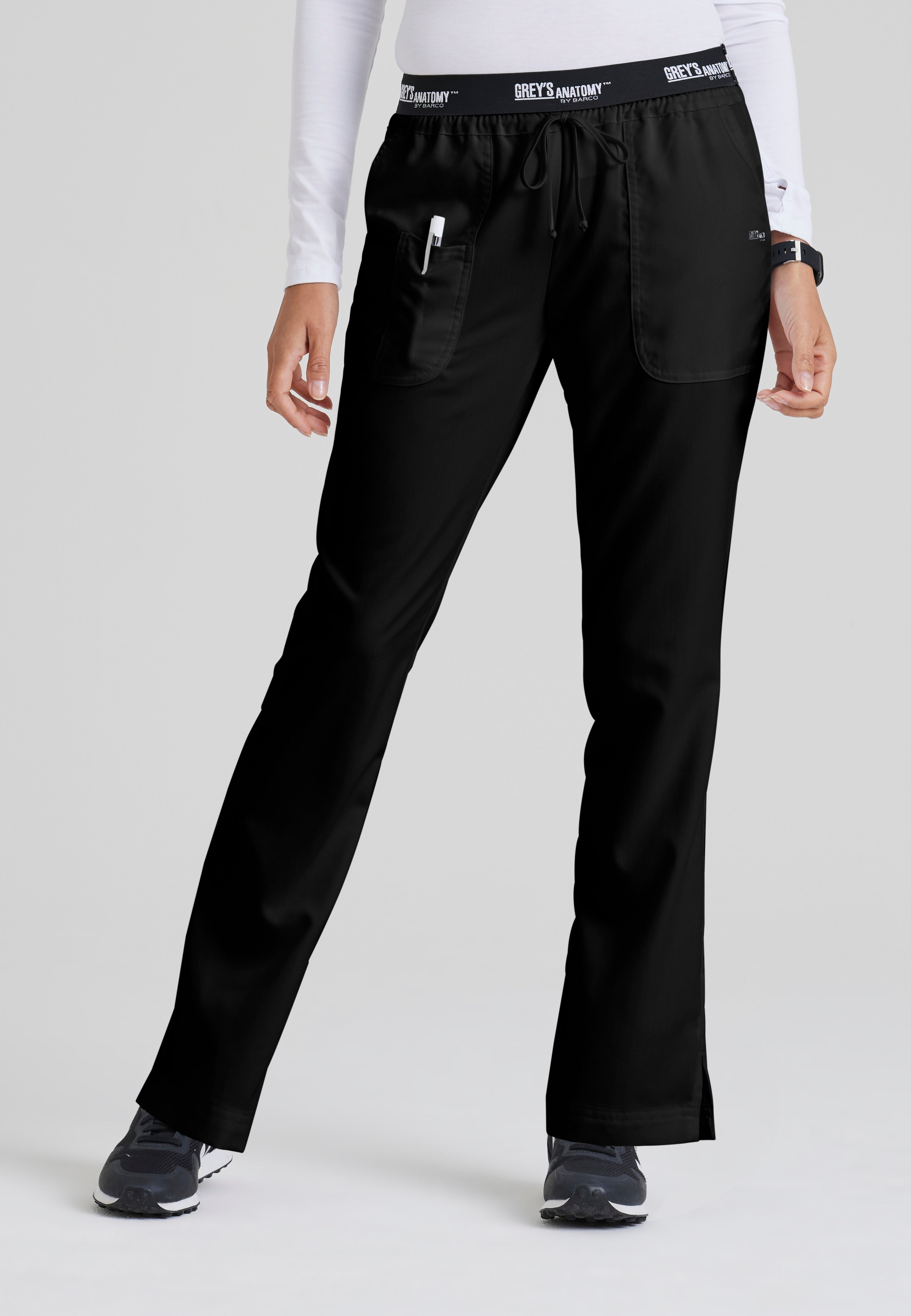 Front View of the Aubrey 3-Pocket Low-Rise Flared Leg Scrub Pant in Black from Grey's Anatomy™ by Barco Classic
