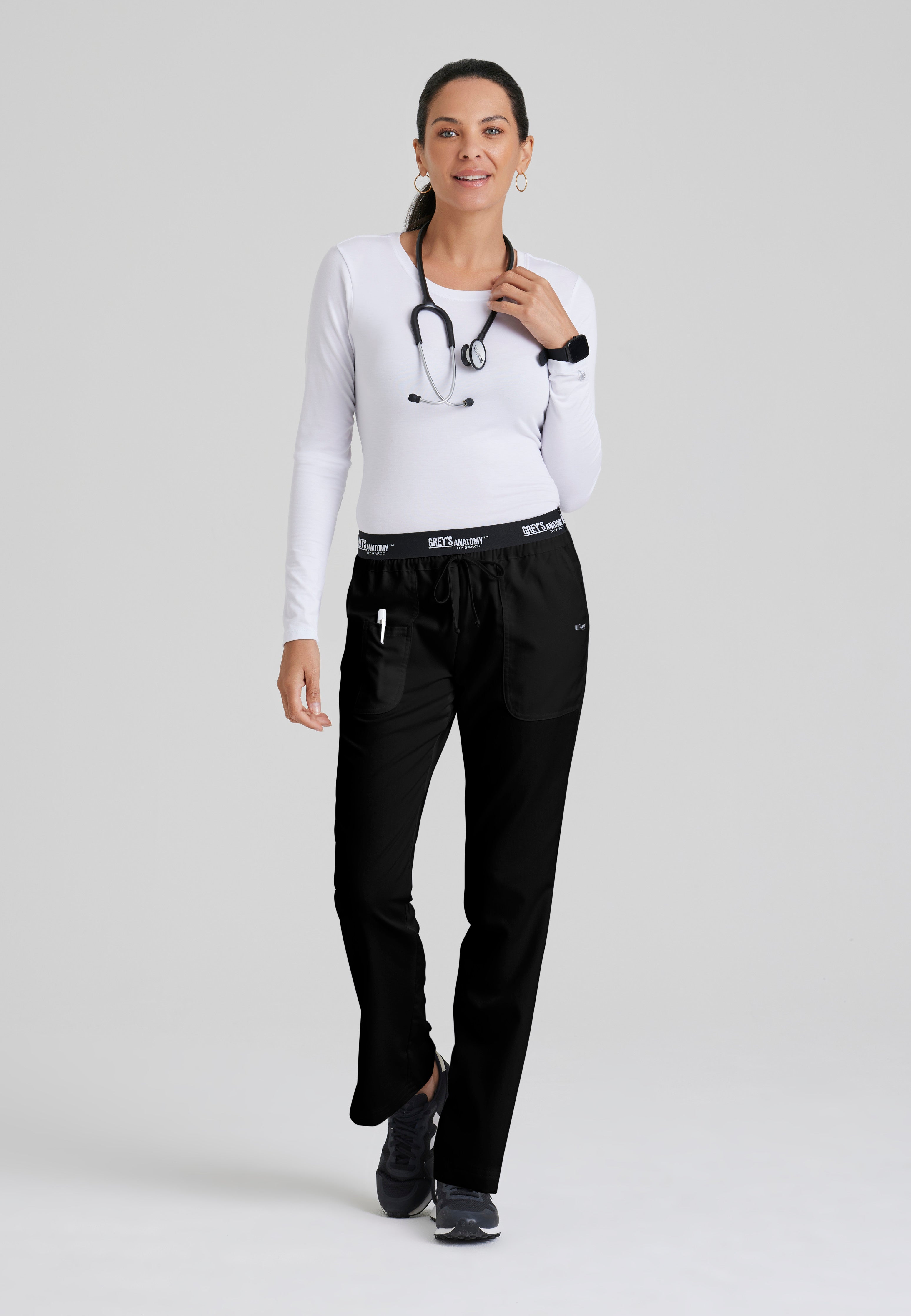 Full Body View of the Aubrey 3-Pocket Low-Rise Flared Leg Scrub Pant in Black from Grey's Anatomy™ by Barco Classic