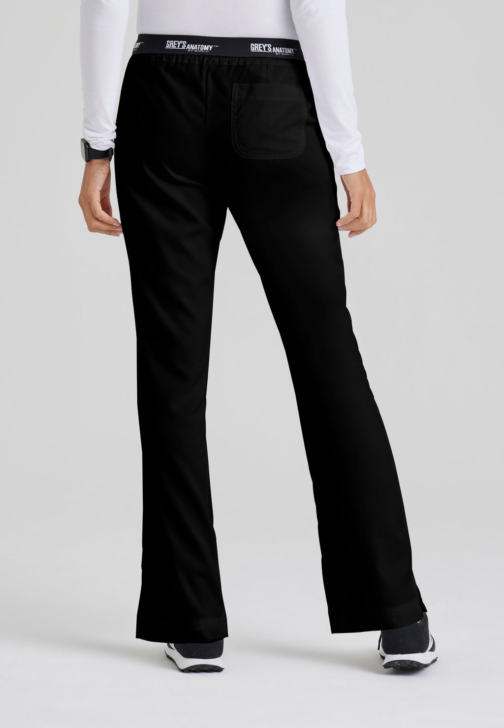 Back View of the Aubrey 3-Pocket Low-Rise Flared Leg Scrub Pant in Black from Grey's Anatomy™ by Barco Classic