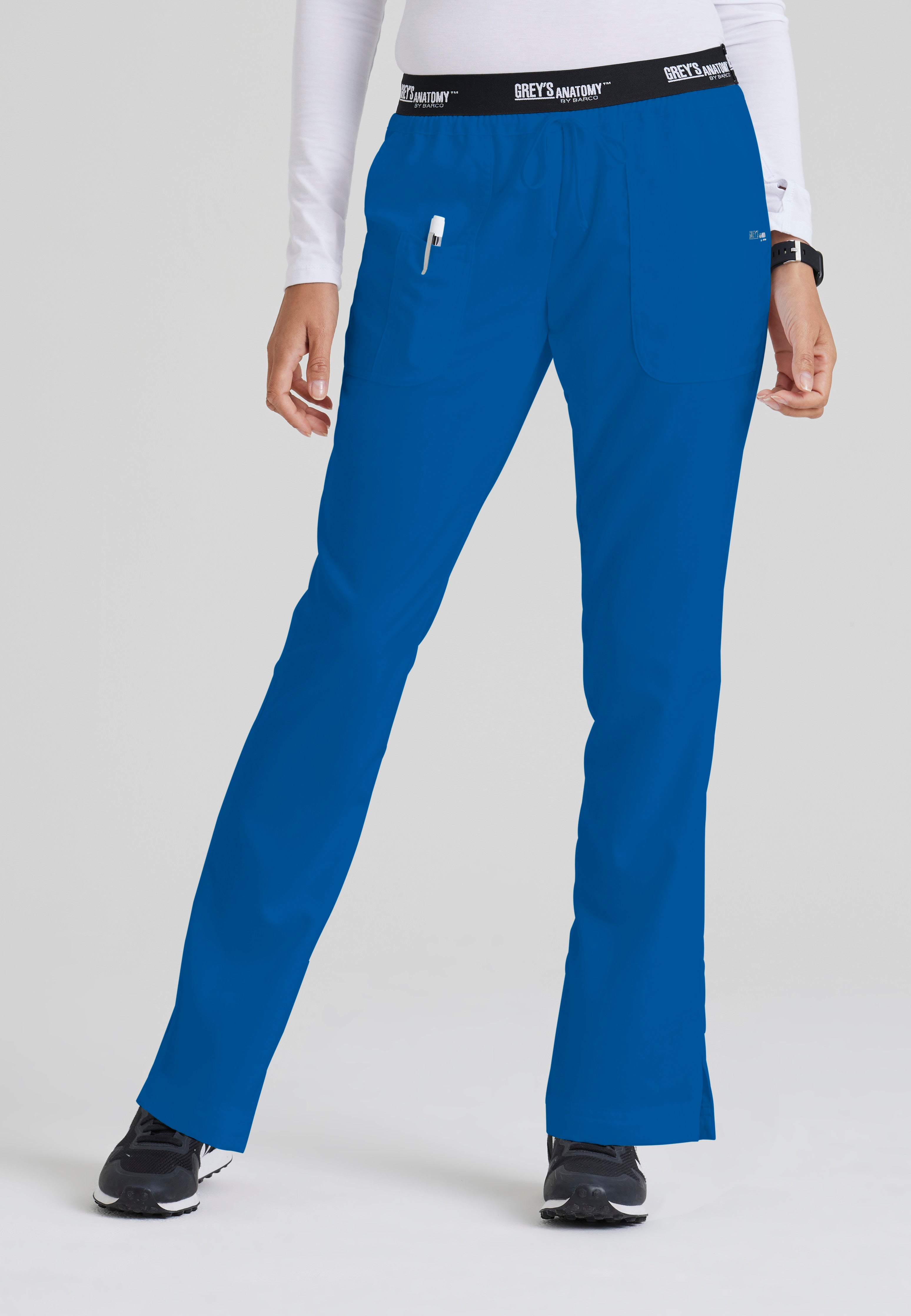 Front View of the Aubrey 3-Pocket Low-Rise Flared Leg Scrub Pant in New Royal from Grey's Anatomy™ by Barco Classic