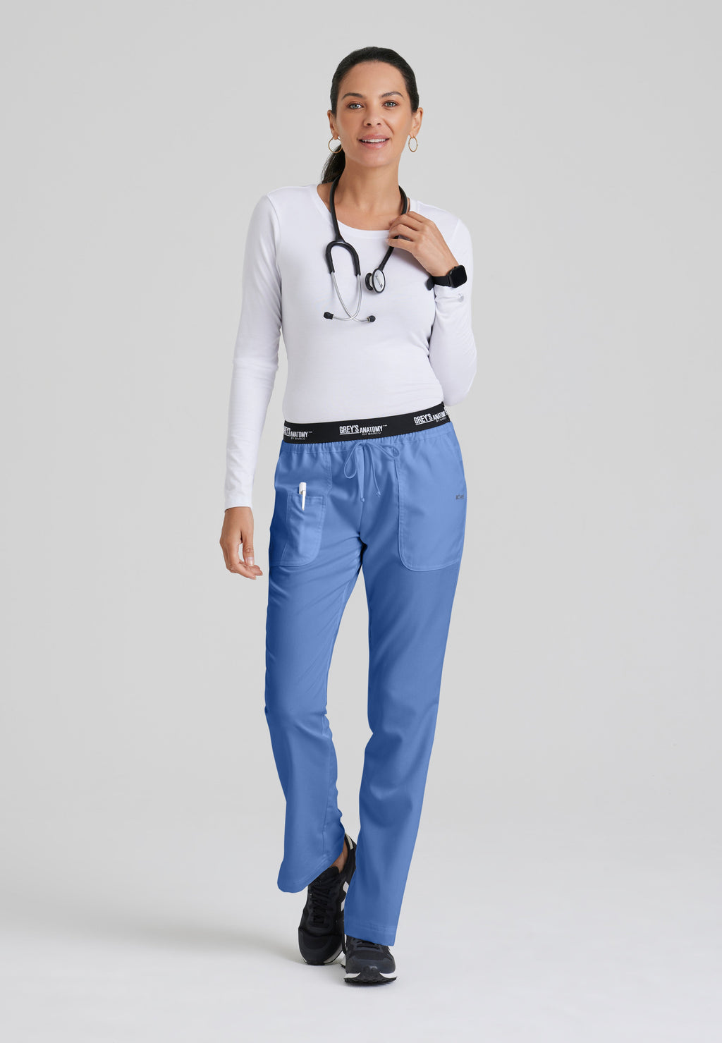 Full Body View of the Aubrey 3-Pocket Low-Rise Flared Leg Scrub Pant in Ciel Blue from Grey's Anatomy™ by Barco Classic