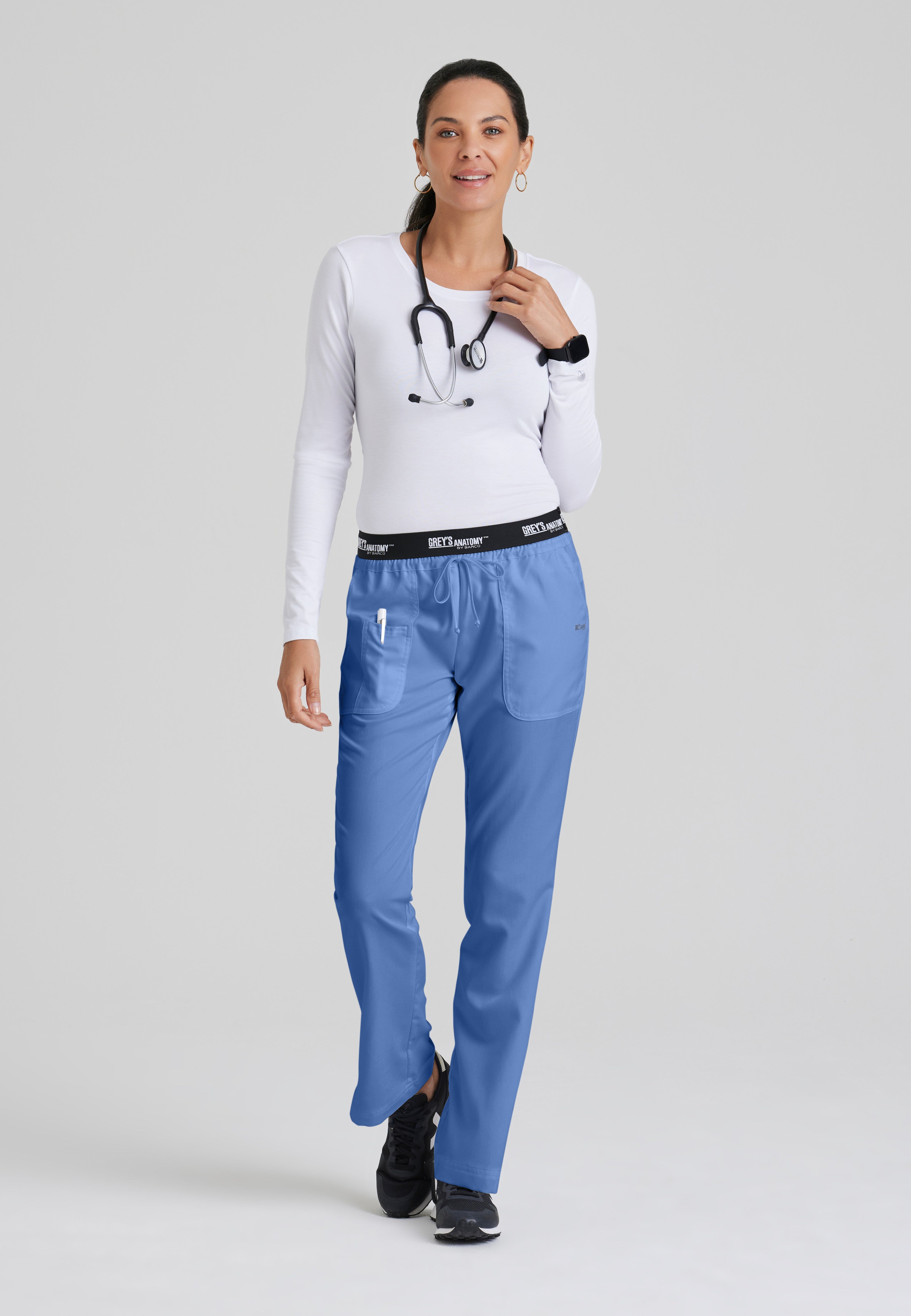 Full Body View of the Aubrey 3-Pocket Low-Rise Flared Leg Scrub Pant in Ciel Blue from Grey's Anatomy™ by Barco Classic