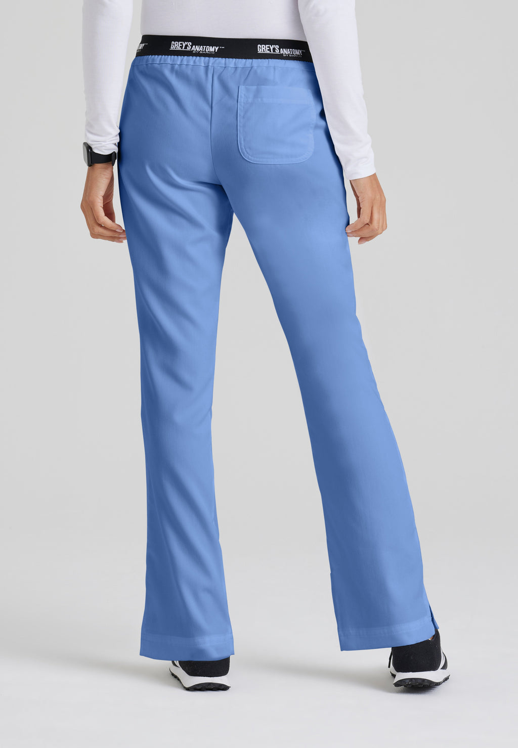 Back View of the Aubrey 3-Pocket Low-Rise Flared Leg Scrub Pant in Ciel Blue from Grey's Anatomy™ by Barco Classic