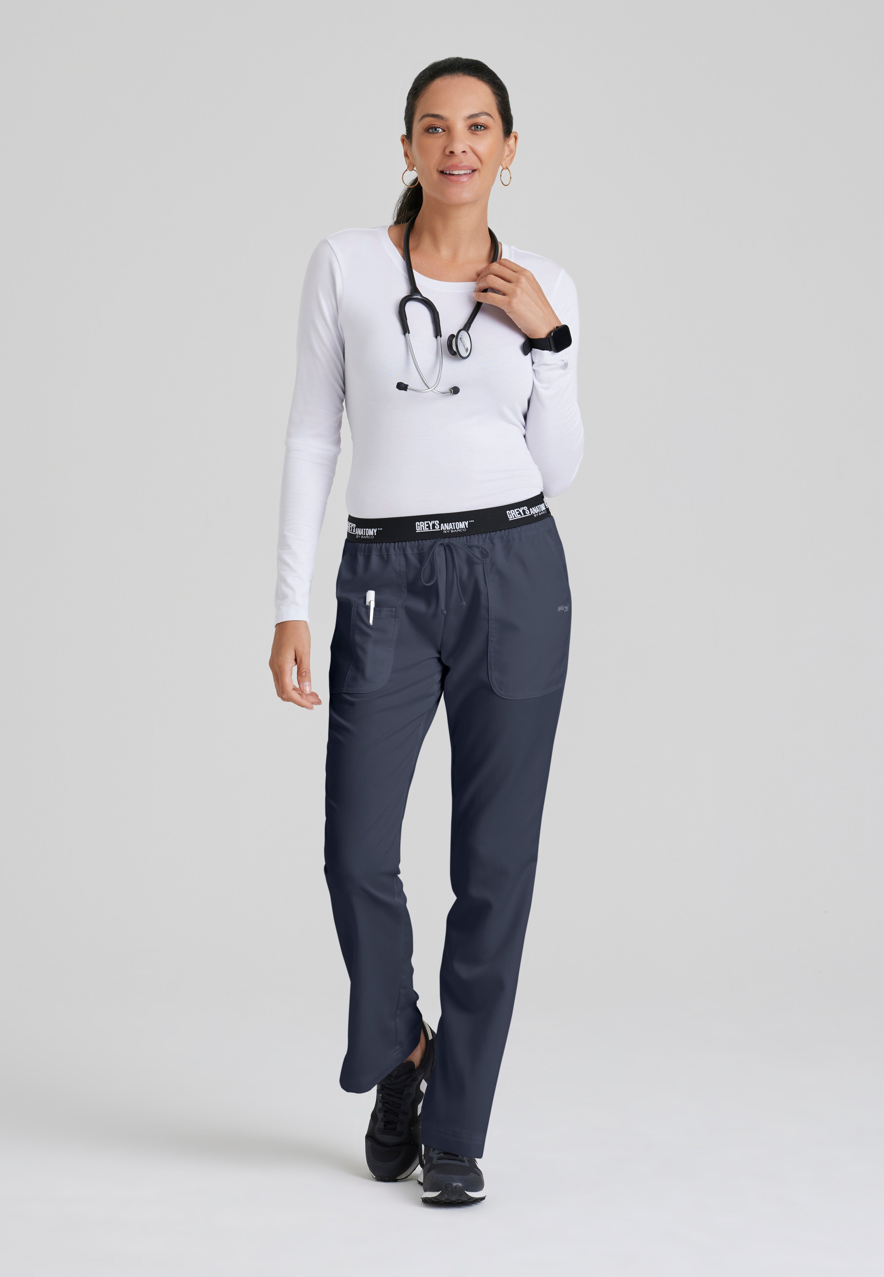 Full Body View of the Aubrey 3-Pocket Low-Rise Flared Leg Scrub Pant in Steel from Grey's Anatomy™ by Barco Classic