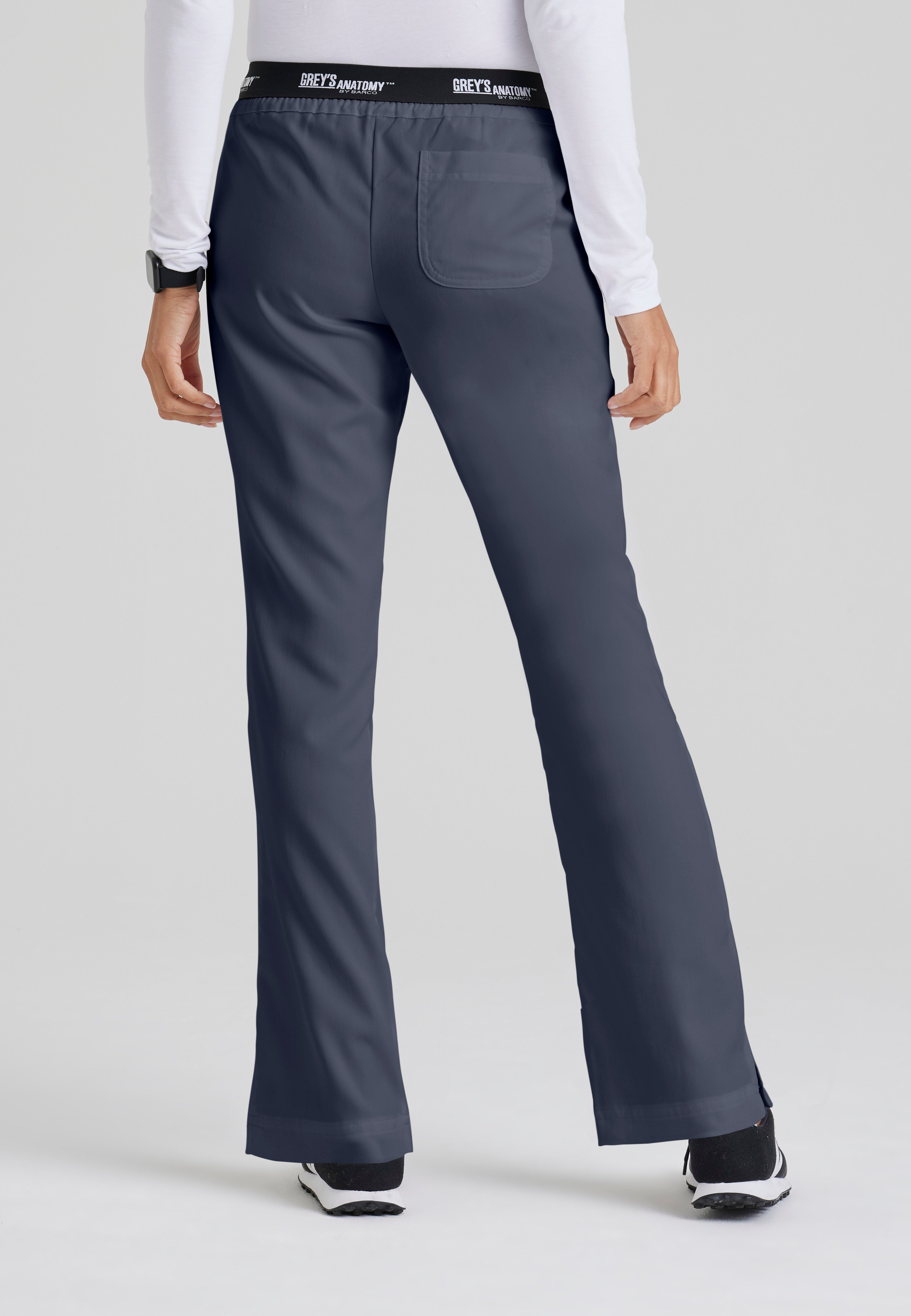 Back View of the Aubrey 3-Pocket Low-Rise Flared Leg Scrub Pant in Steel from Grey's Anatomy™ by Barco Classic