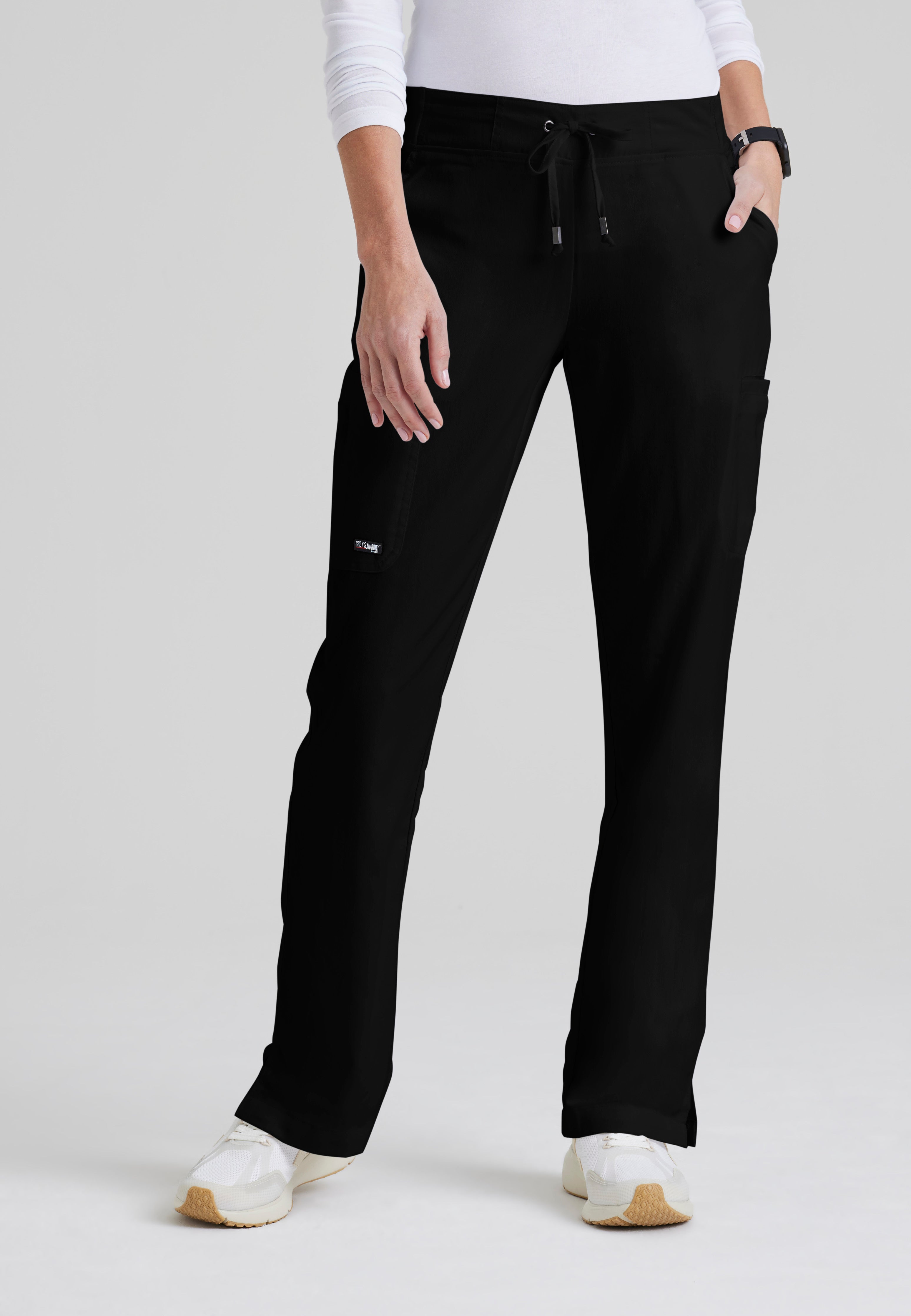 Front View of the Mia 6-Pocket Mid-Rise Straight Leg Scrub Pant in Black from Grey's Anatomy™ by Barco Classic