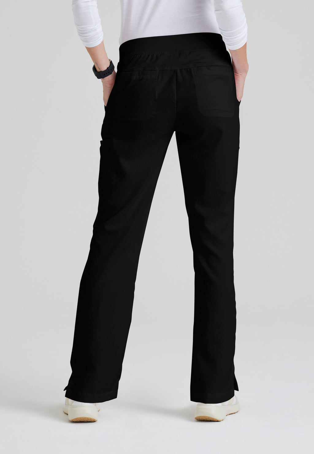 Back View of the Mia 6-Pocket Mid-Rise Straight Leg Scrub Pant in Black from Grey's Anatomy™ by Barco Classic
