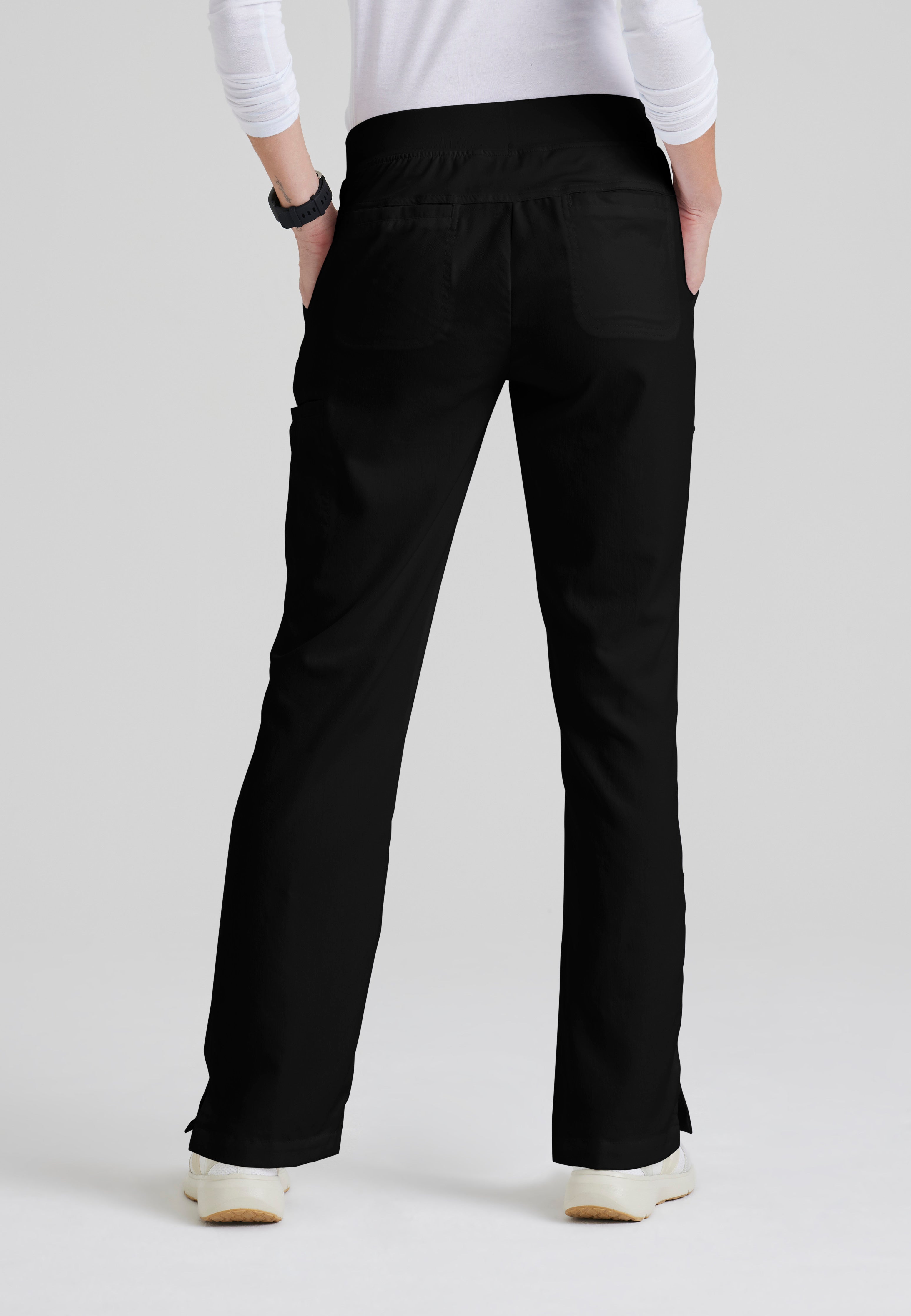 Back View of the Mia 6-Pocket Mid-Rise Straight Leg Scrub Pant in Black from Grey's Anatomy™ by Barco Classic