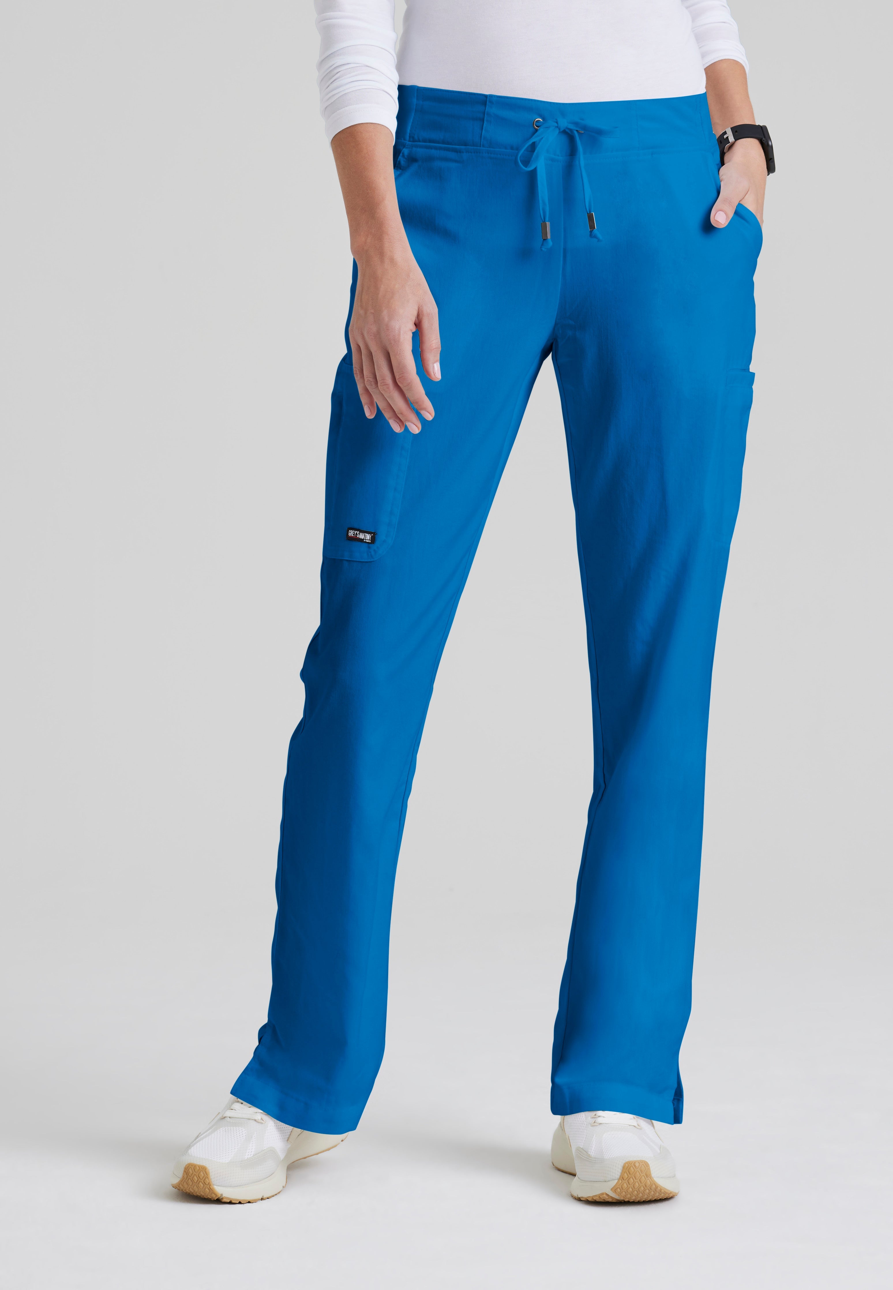 Front View of the Mia 6-Pocket Mid-Rise Straight Leg Scrub Pant in New Royal from Grey's Anatomy™ by Barco Classic