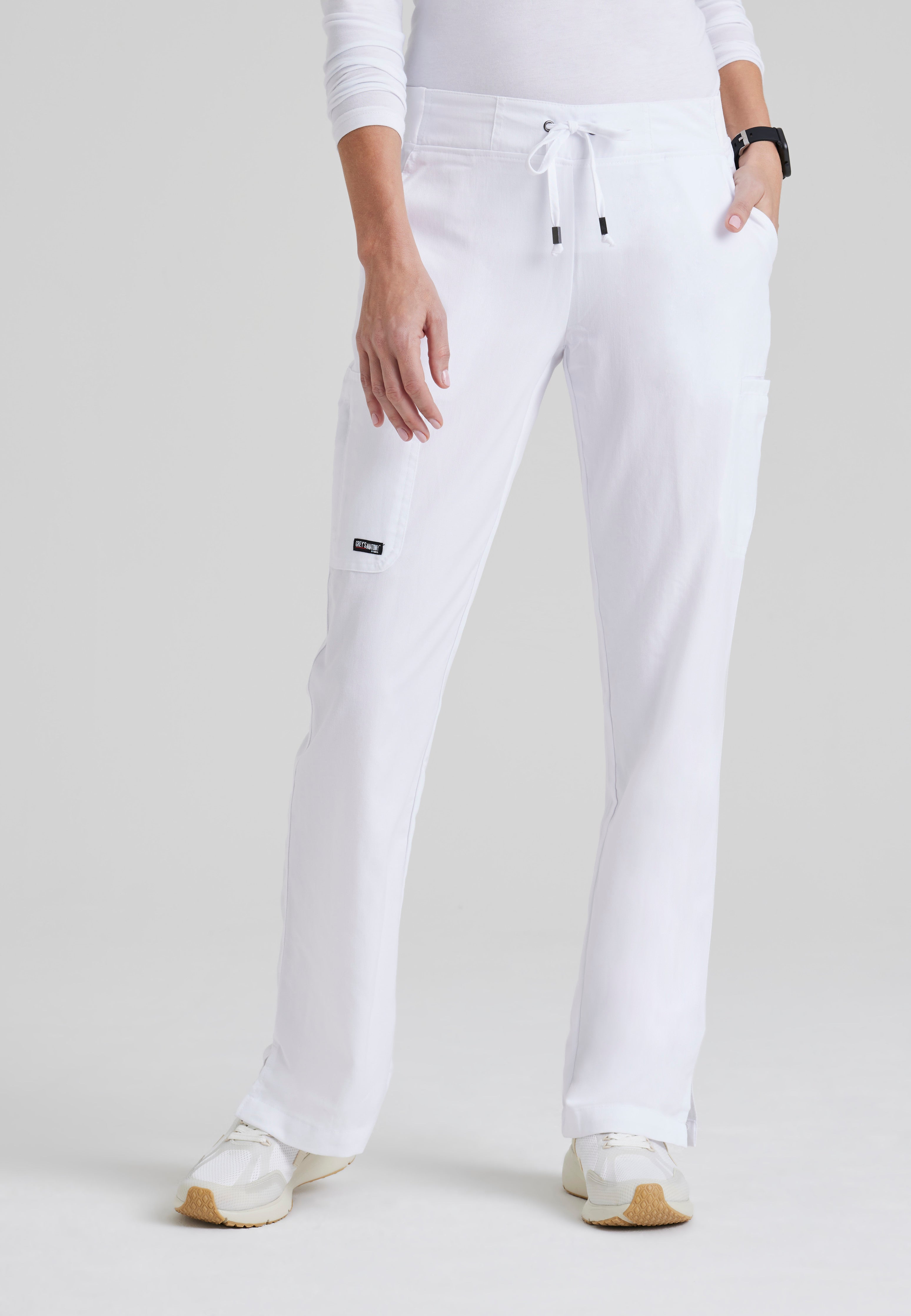 Front View of the Mia 6-Pocket Mid-Rise Straight Leg Scrub Pant in White from Grey's Anatomy™ by Barco Classic