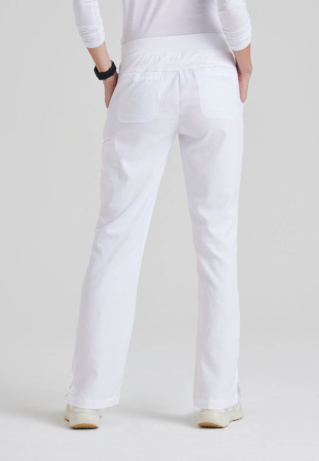 Back View of the Mia 6-Pocket Mid-Rise Straight Leg Scrub Pant in White from Grey's Anatomy™ by Barco Classic