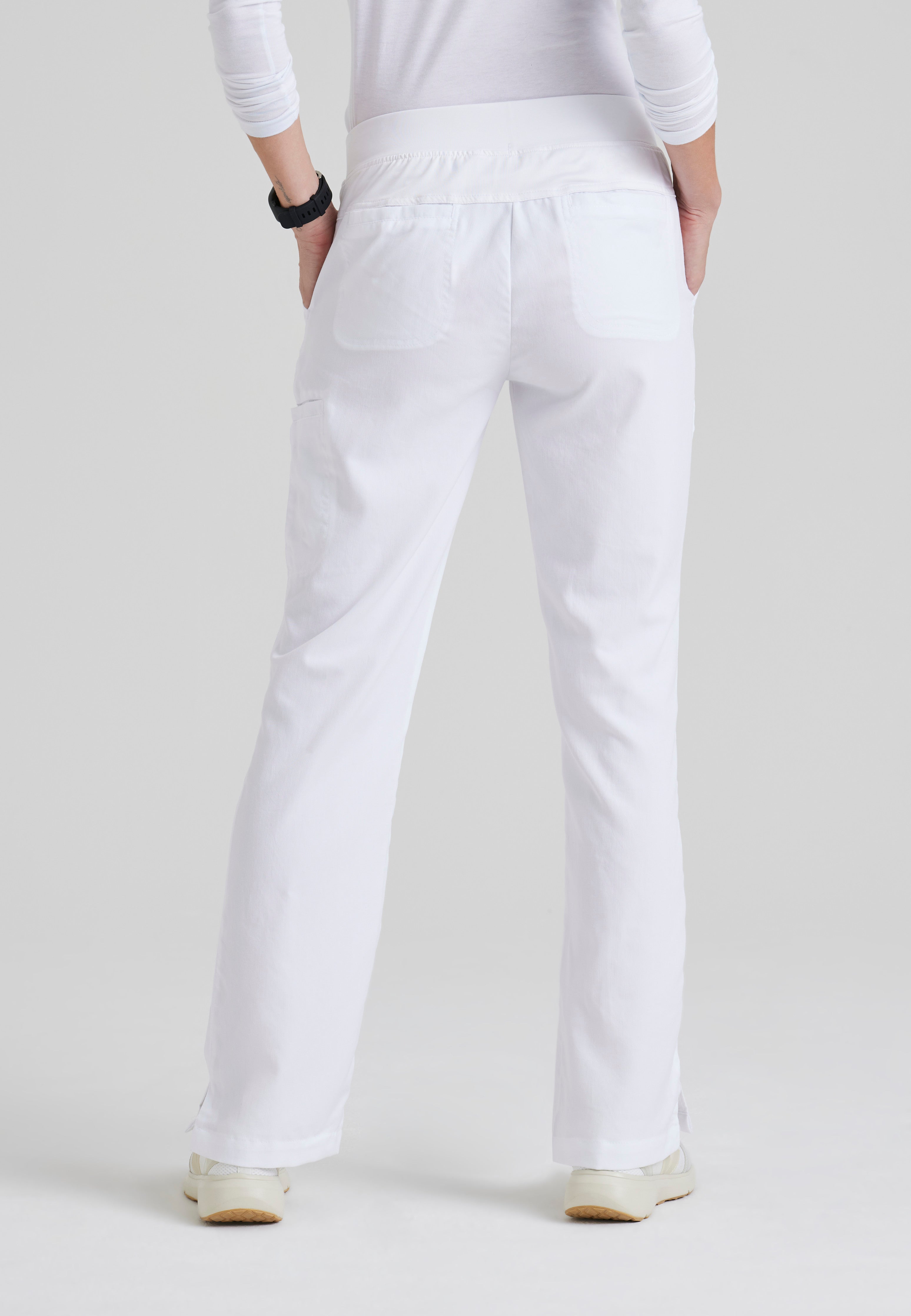 Back View of the Mia 6-Pocket Mid-Rise Straight Leg Scrub Pant in White from Grey's Anatomy™ by Barco Classic