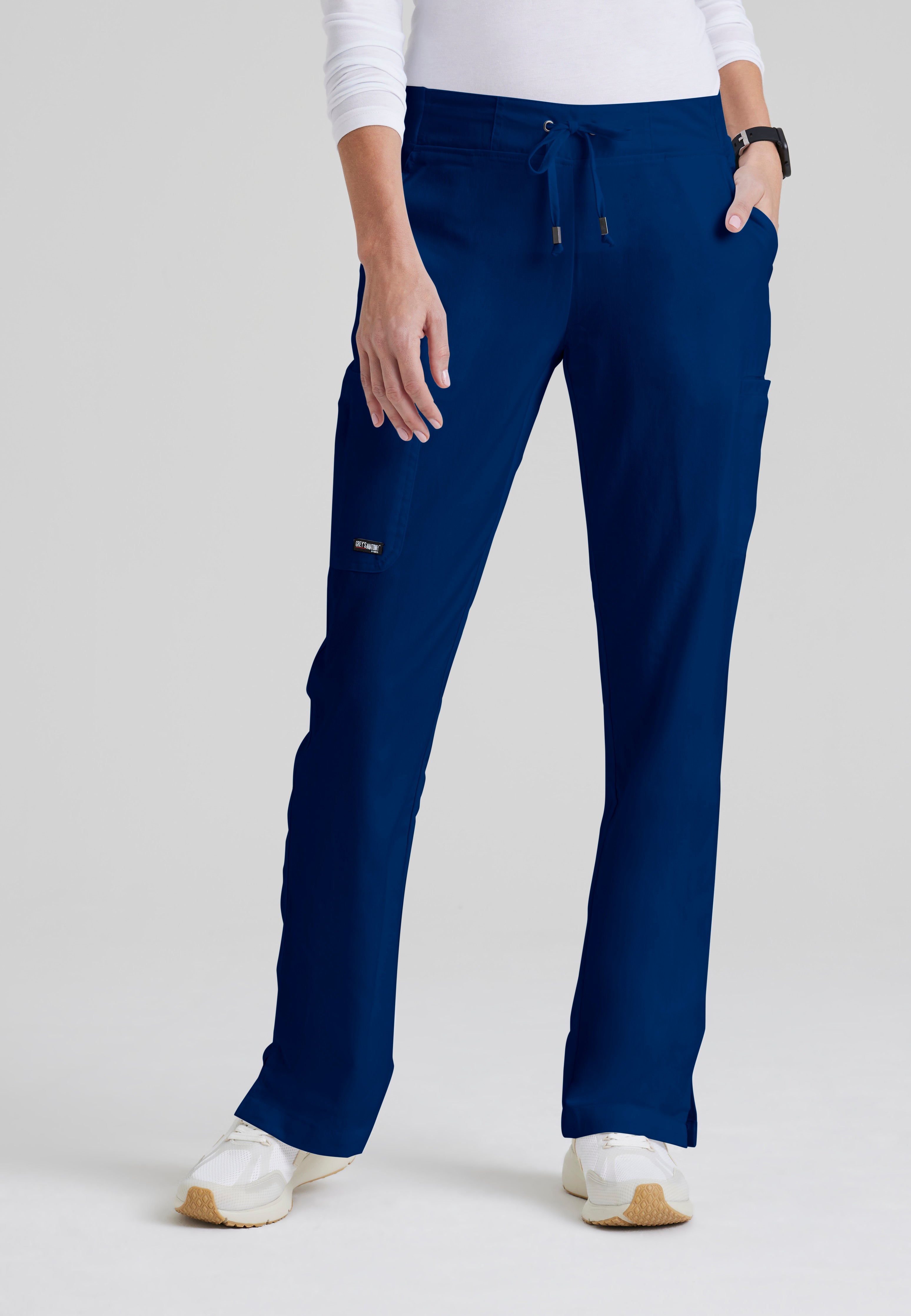 Front View of the Mia 6-Pocket Mid-Rise Straight Leg Scrub Pant in Indigo from Grey's Anatomy™ by Barco Classic