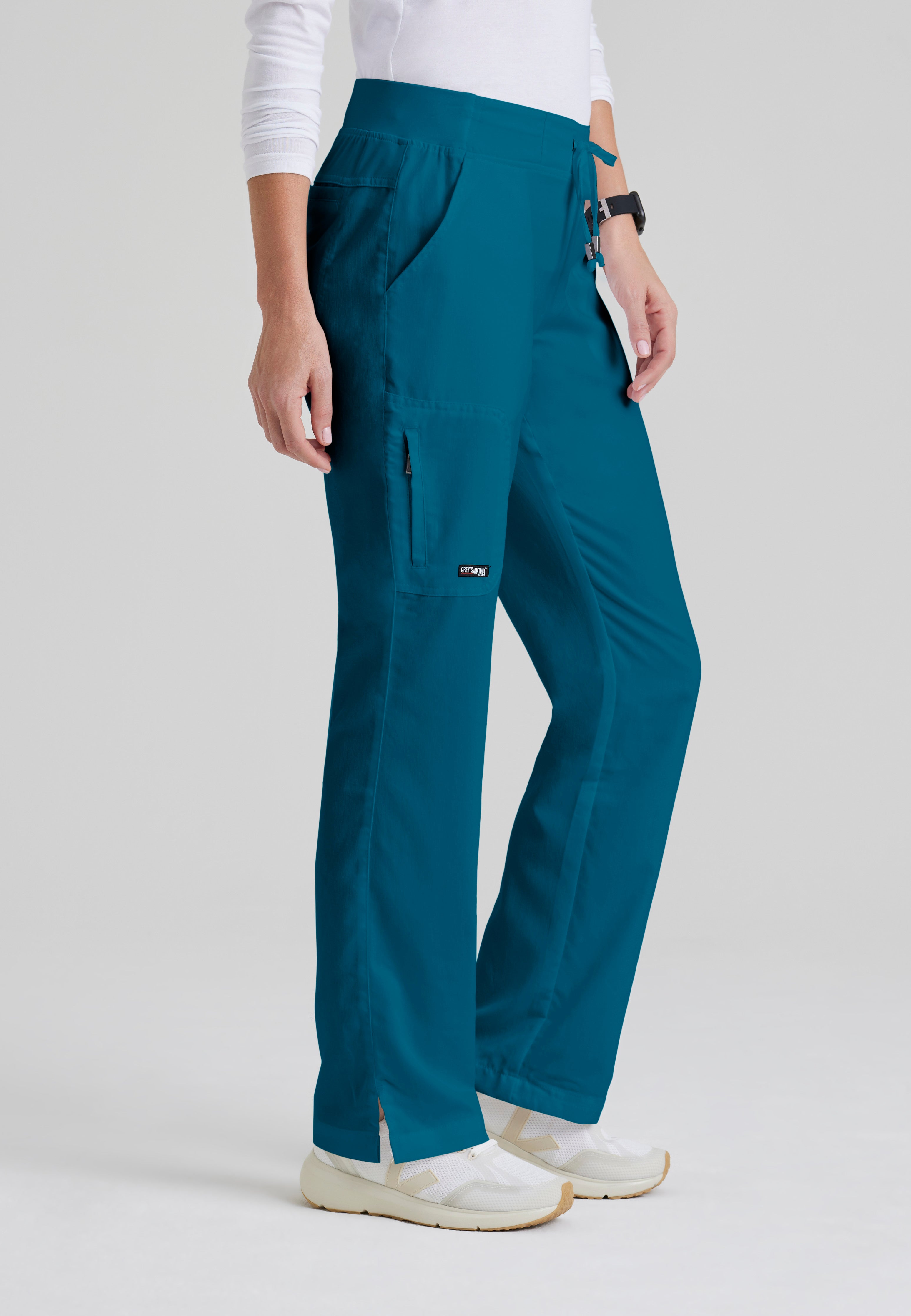 Side View of the Mia 6-Pocket Mid-Rise Straight Leg Scrub Pant in Bahama from Grey's Anatomy™ by Barco Classic