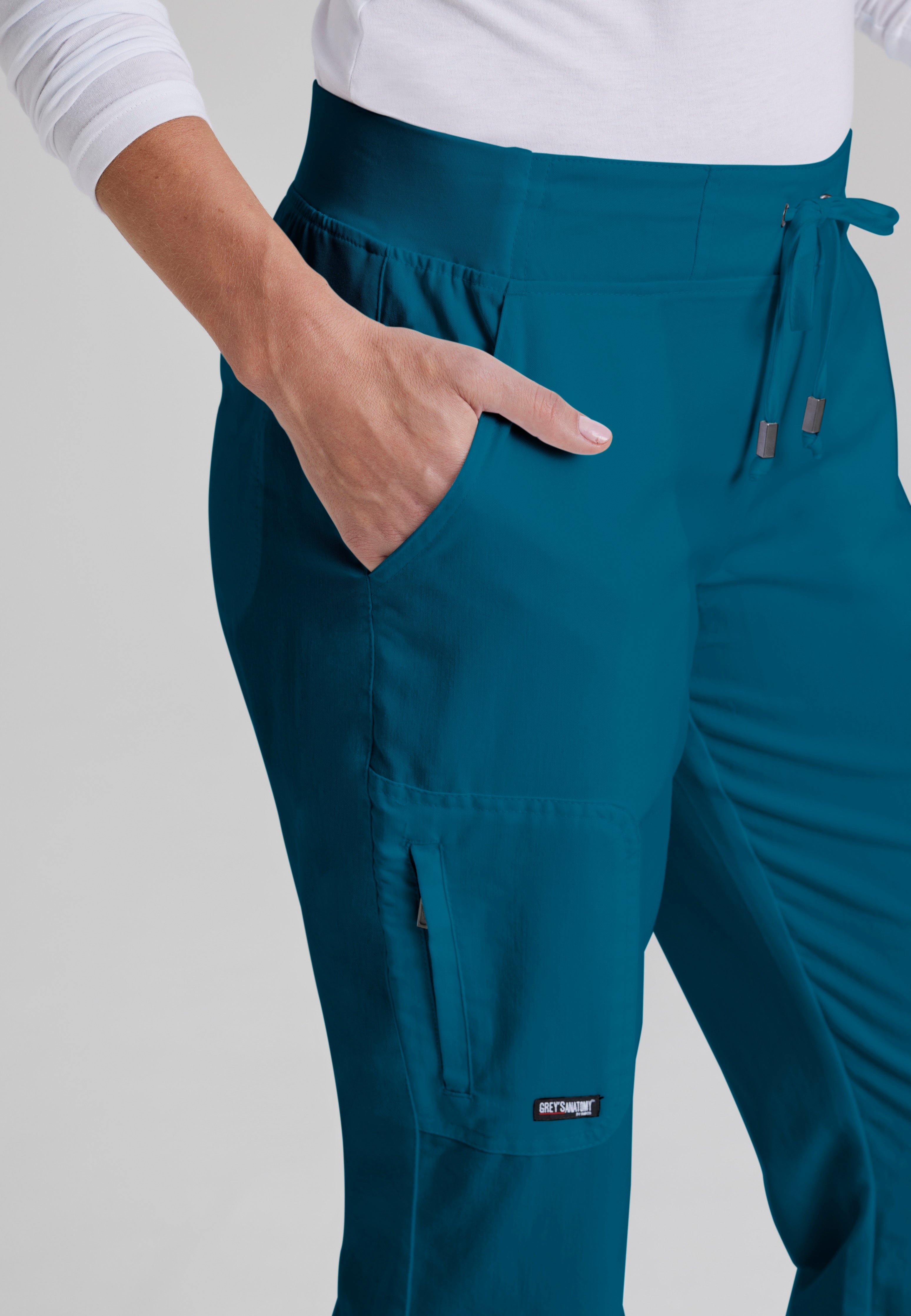 Detail Shot of the Mia 6-Pocket Mid-Rise Straight Leg Scrub Pant in Bahama from Grey's Anatomy™ by Barco Classic