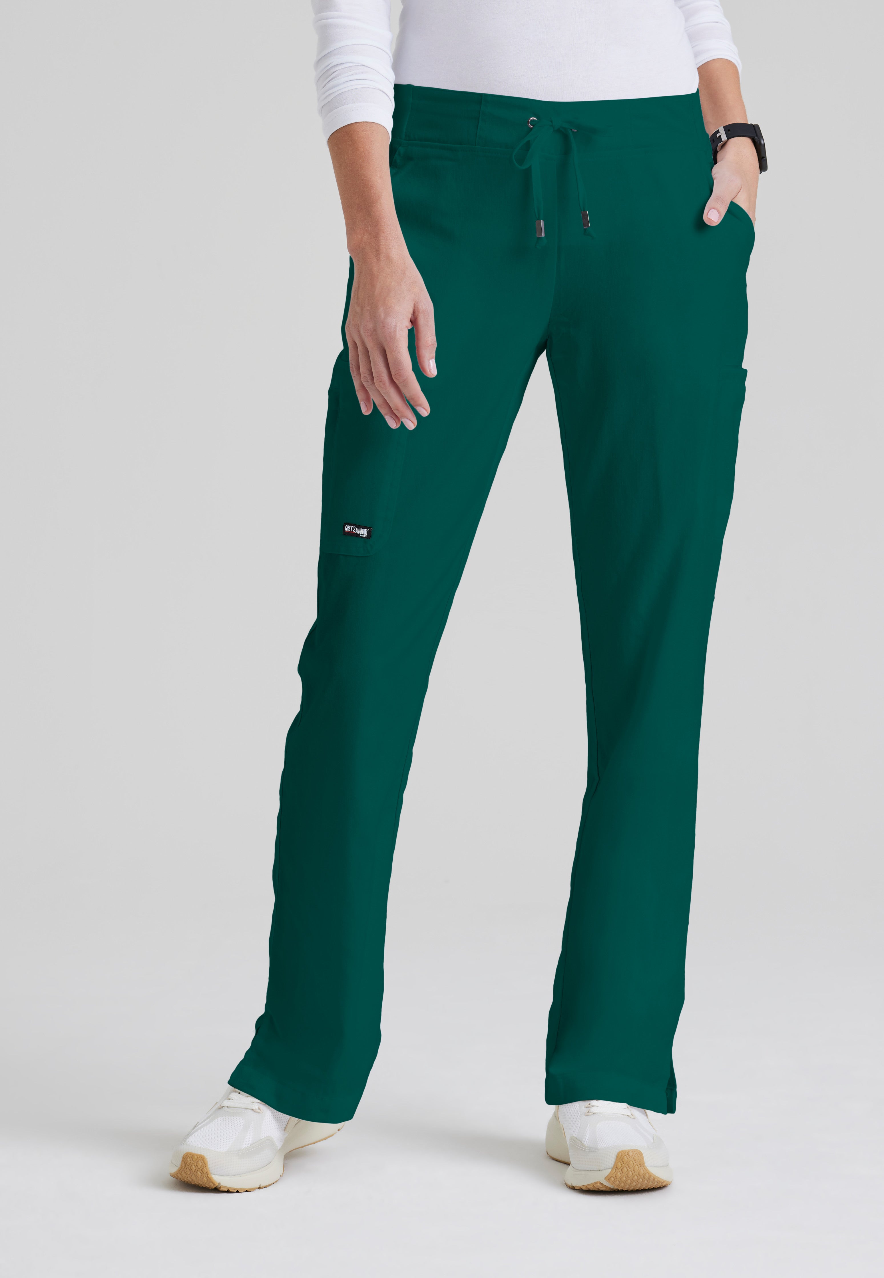 Front View of the Mia 6-Pocket Mid-Rise Straight Leg Scrub Pant in Hunter Green from Grey's Anatomy™ by Barco Classic