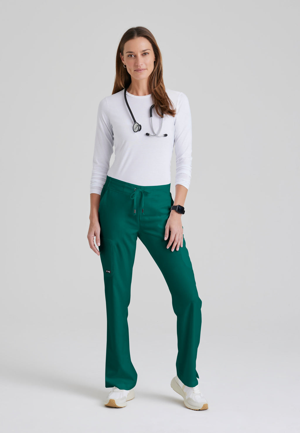 Full Body View of the Mia 6-Pocket Mid-Rise Straight Leg Scrub Pant in Hunter Green from Grey's Anatomy™ by Barco Classic