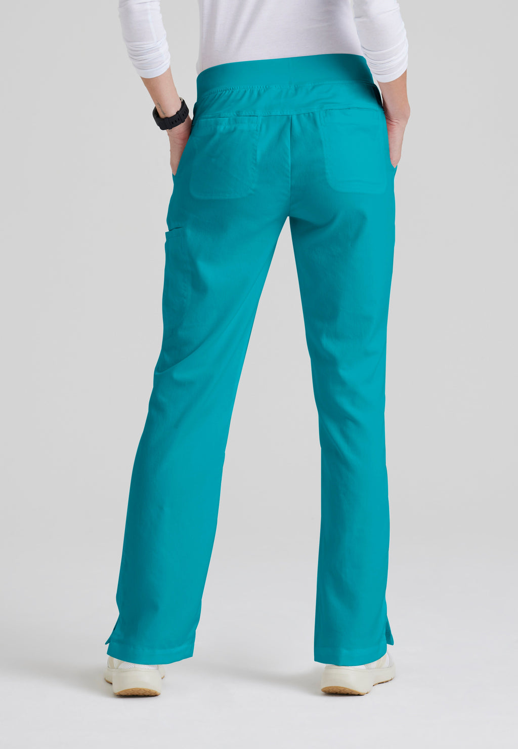 Back View of the Mia 6-Pocket Mid-Rise Straight Leg Scrub Pant in Teal from Grey's Anatomy™ by Barco Classic