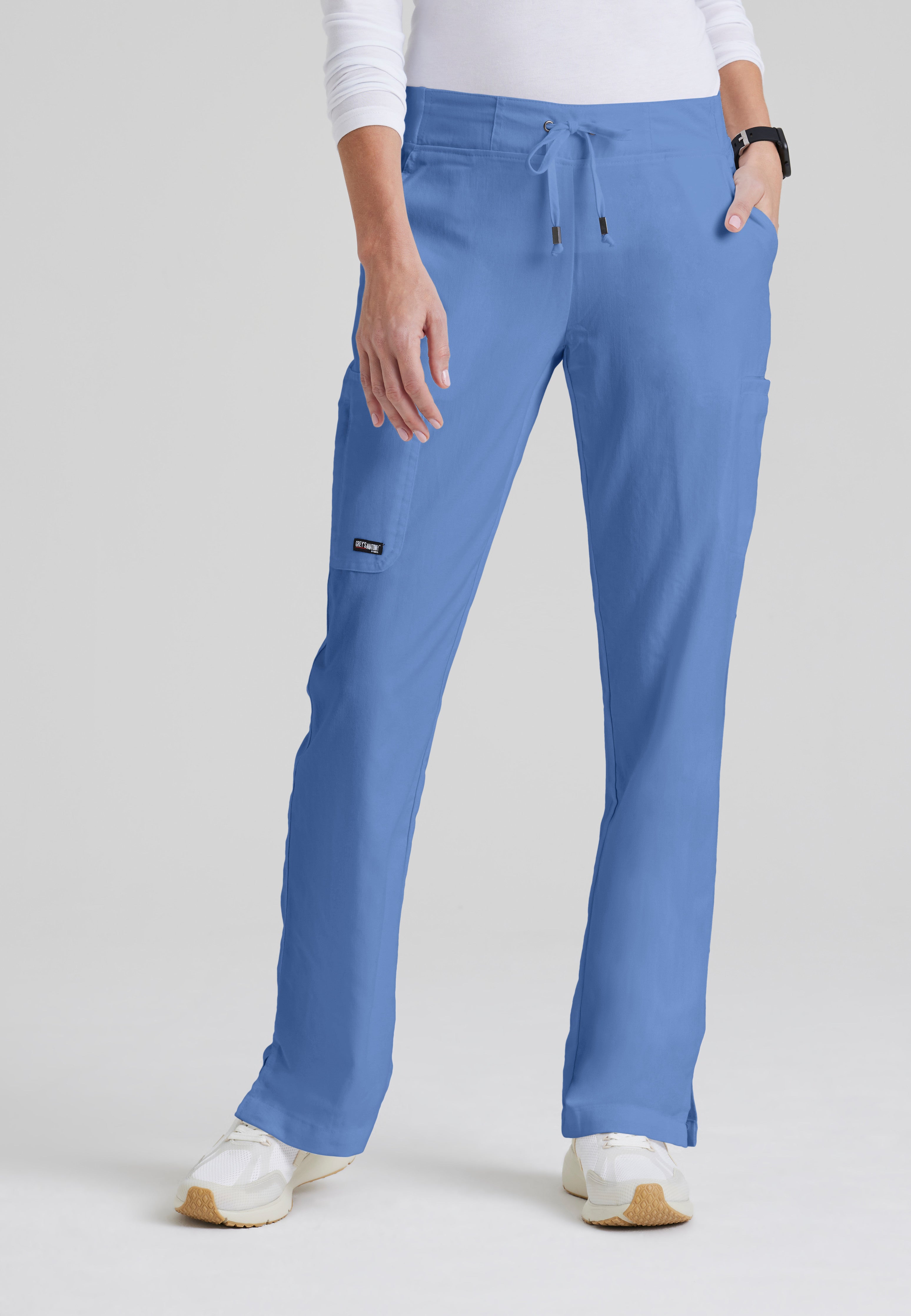 Front View of the Mia 6-Pocket Mid-Rise Straight Leg Scrub Pant in Ciel Blue from Grey's Anatomy™ by Barco Classic