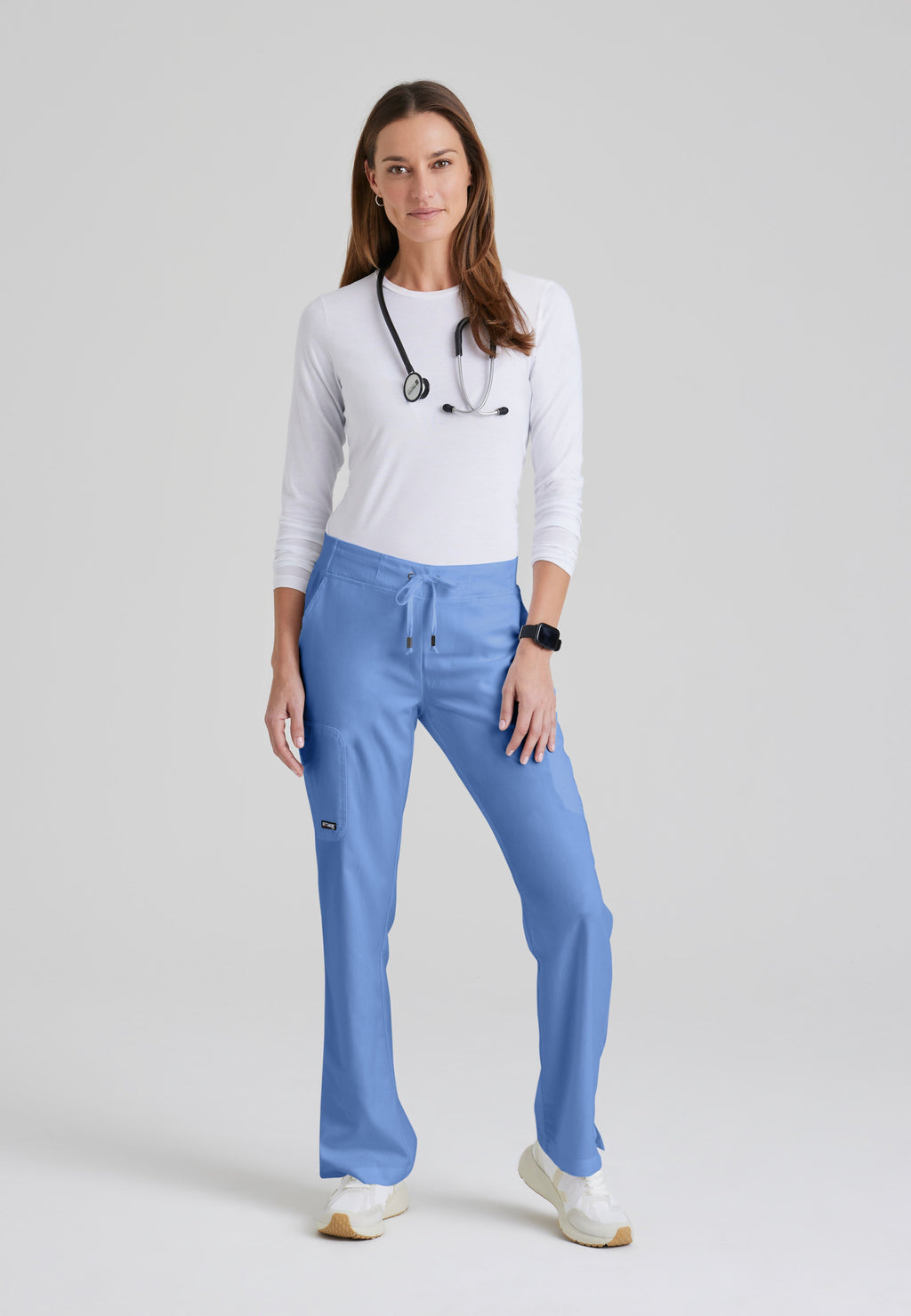 Full Body View of the Mia 6-Pocket Mid-Rise Straight Leg Scrub Pant in Ciel Blue from Grey's Anatomy™ by Barco Classic