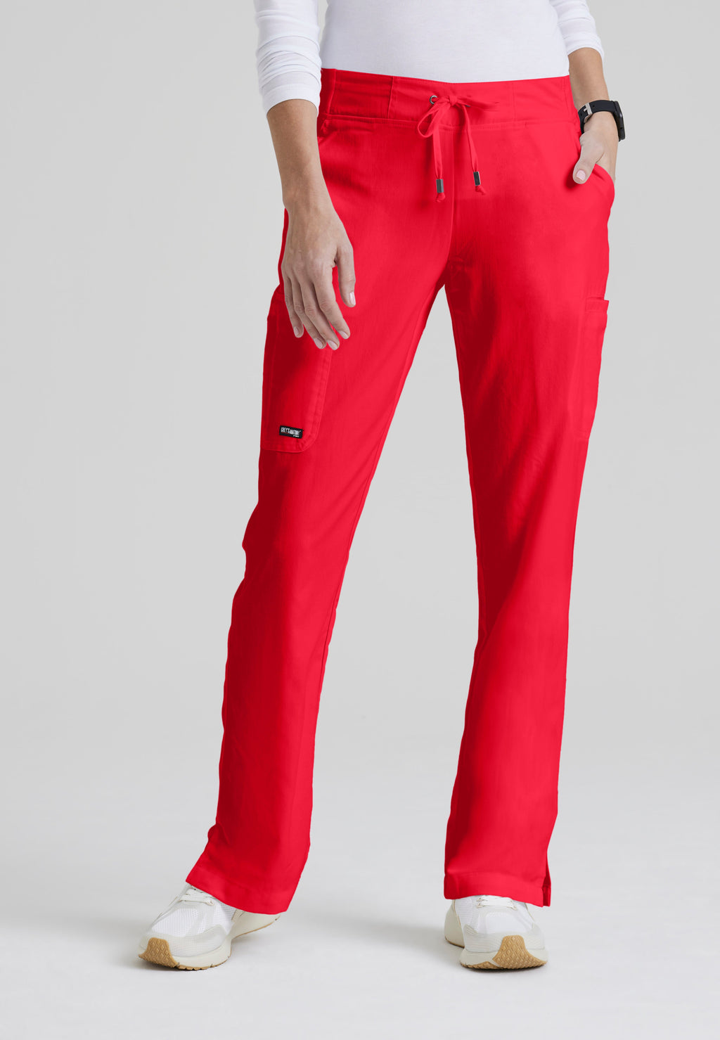 Front View of the Mia 6-Pocket Mid-Rise Straight Leg Scrub Pant in Scarlet Red from Grey's Anatomy™ by Barco Classic