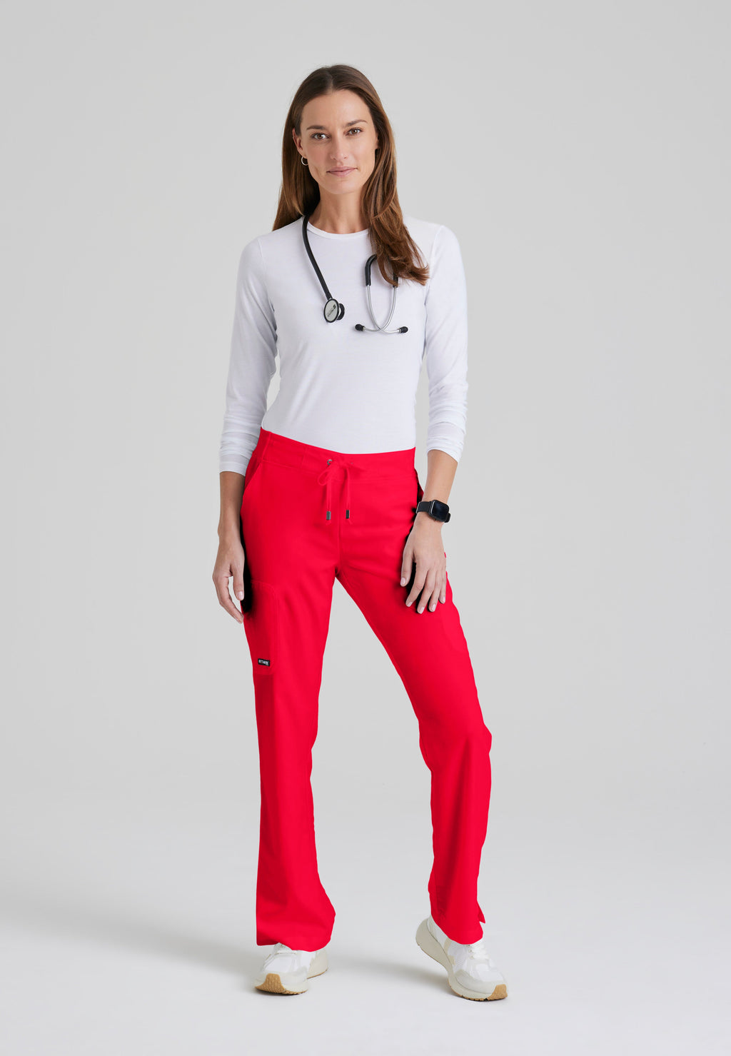 Full Body View of the Mia 6-Pocket Mid-Rise Straight Leg Scrub Pant in Scarlet Red from Grey's Anatomy™ by Barco Classic