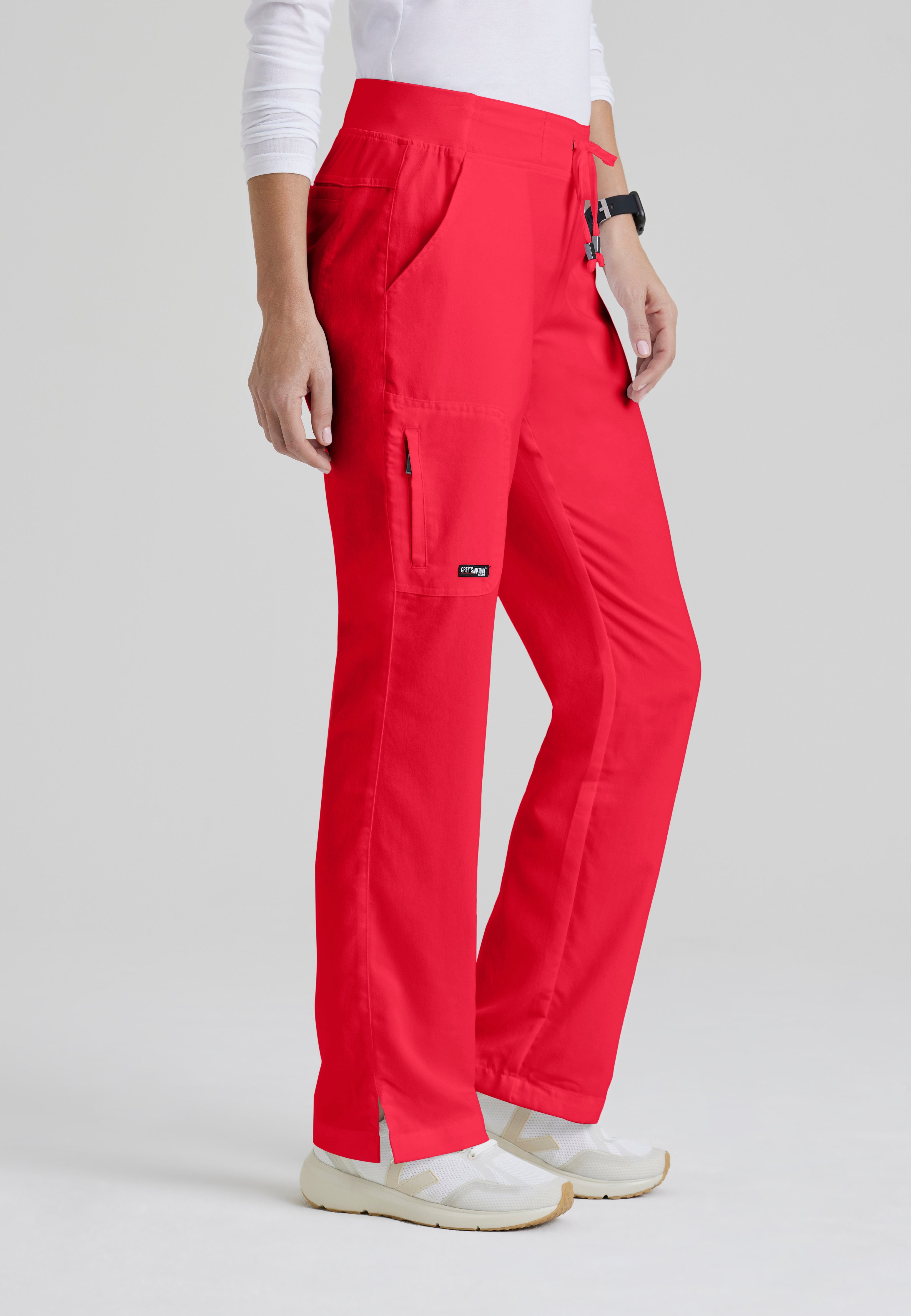 Side View of the Mia 6-Pocket Mid-Rise Straight Leg Scrub Pant in Scarlet Red from Grey's Anatomy™ by Barco Classic