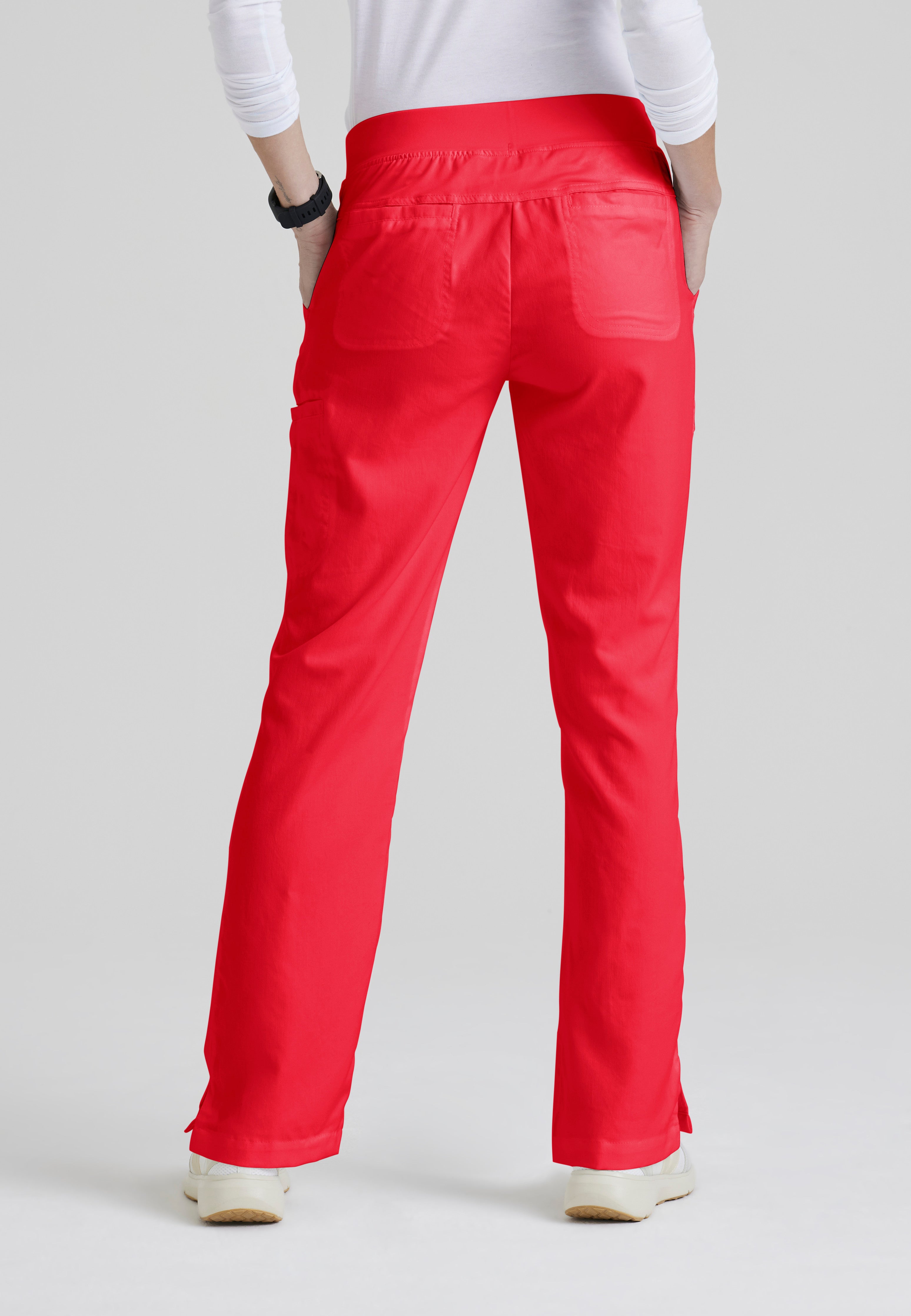 Back View of the Mia 6-Pocket Mid-Rise Straight Leg Scrub Pant in Scarlet Red from Grey's Anatomy™ by Barco Classic