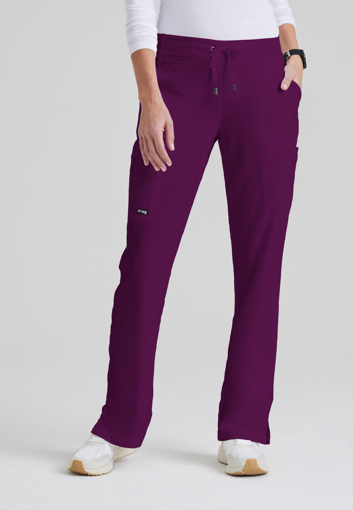 Front View of the Mia 6-Pocket Mid-Rise Straight Leg Scrub Pant in Wine from Grey's Anatomy™ by Barco Classic