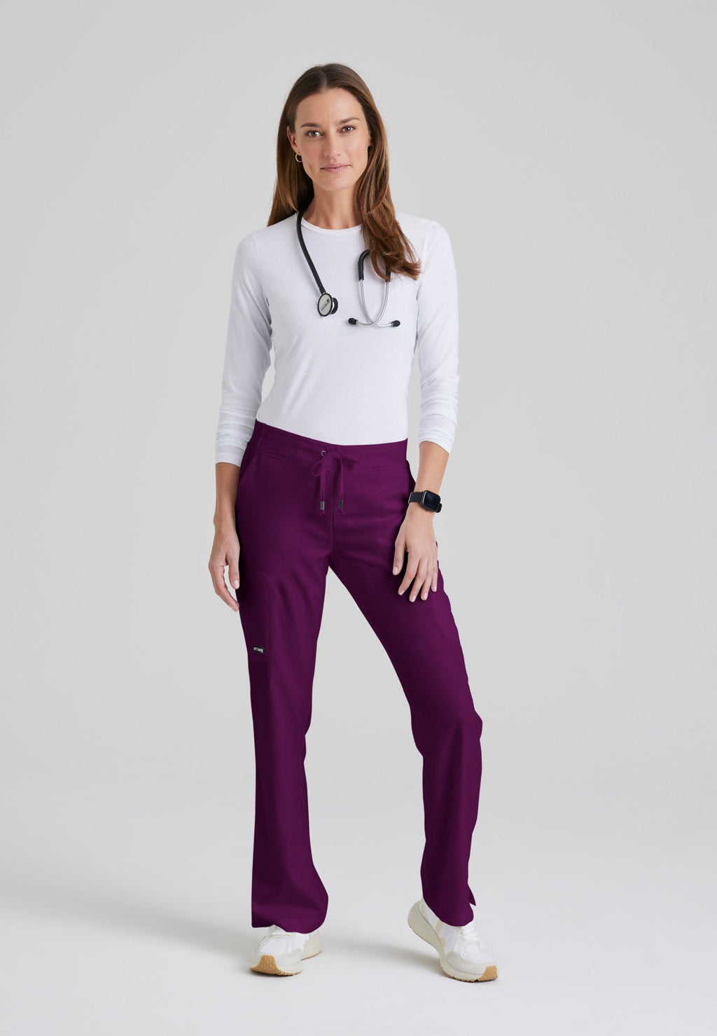 Full Body View of the Mia 6-Pocket Mid-Rise Straight Leg Scrub Pant in Wine from Grey's Anatomy™ by Barco Classic