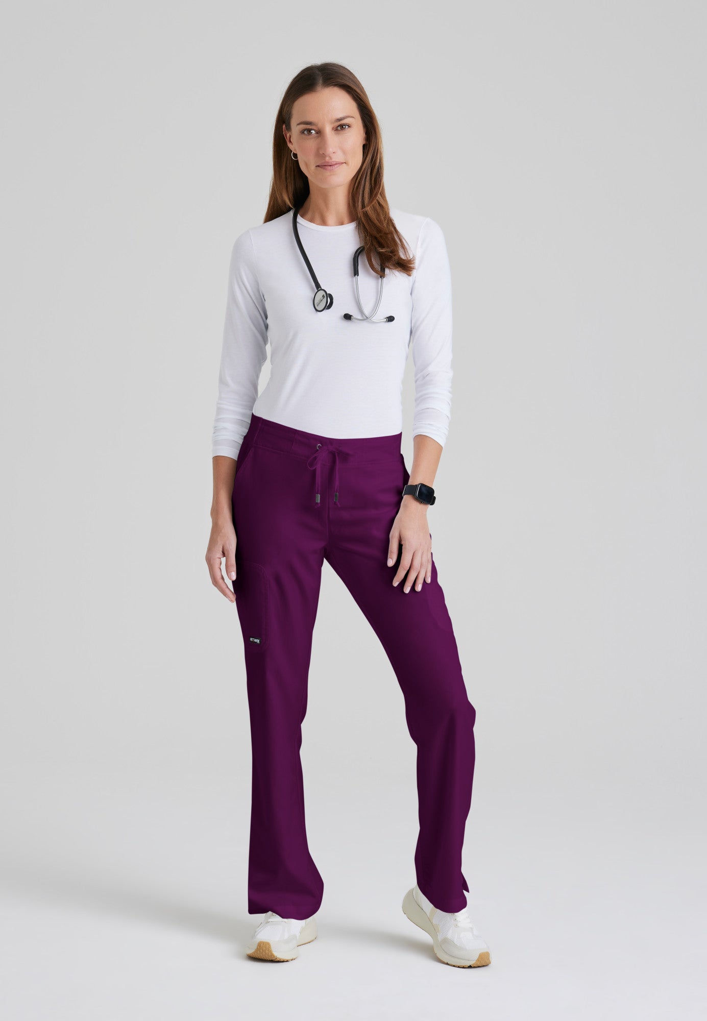 Full Body View of the Mia 6-Pocket Mid-Rise Straight Leg Scrub Pant in Wine from Grey's Anatomy™ by Barco Classic