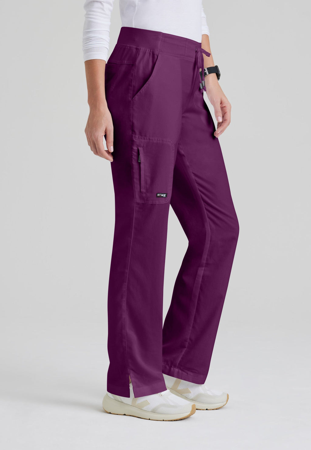 Side View of the Mia 6-Pocket Mid-Rise Straight Leg Scrub Pant in Wine from Grey's Anatomy™ by Barco Classic