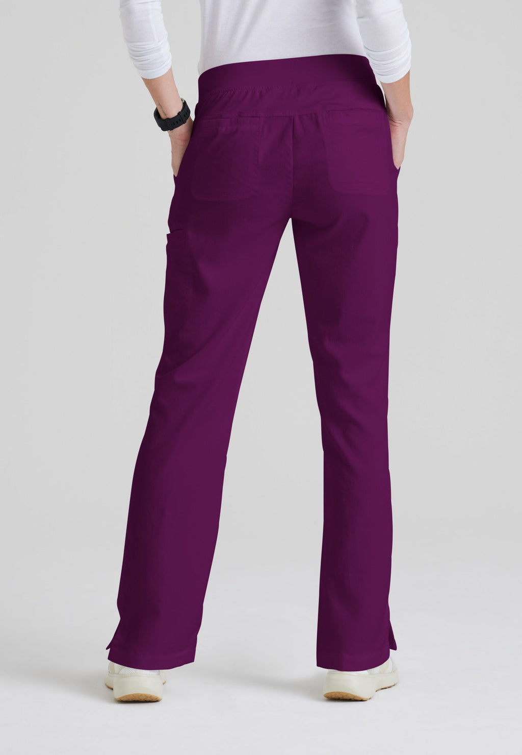 Back View of the Mia 6-Pocket Mid-Rise Straight Leg Scrub Pant in Wine from Grey's Anatomy™ by Barco Classic