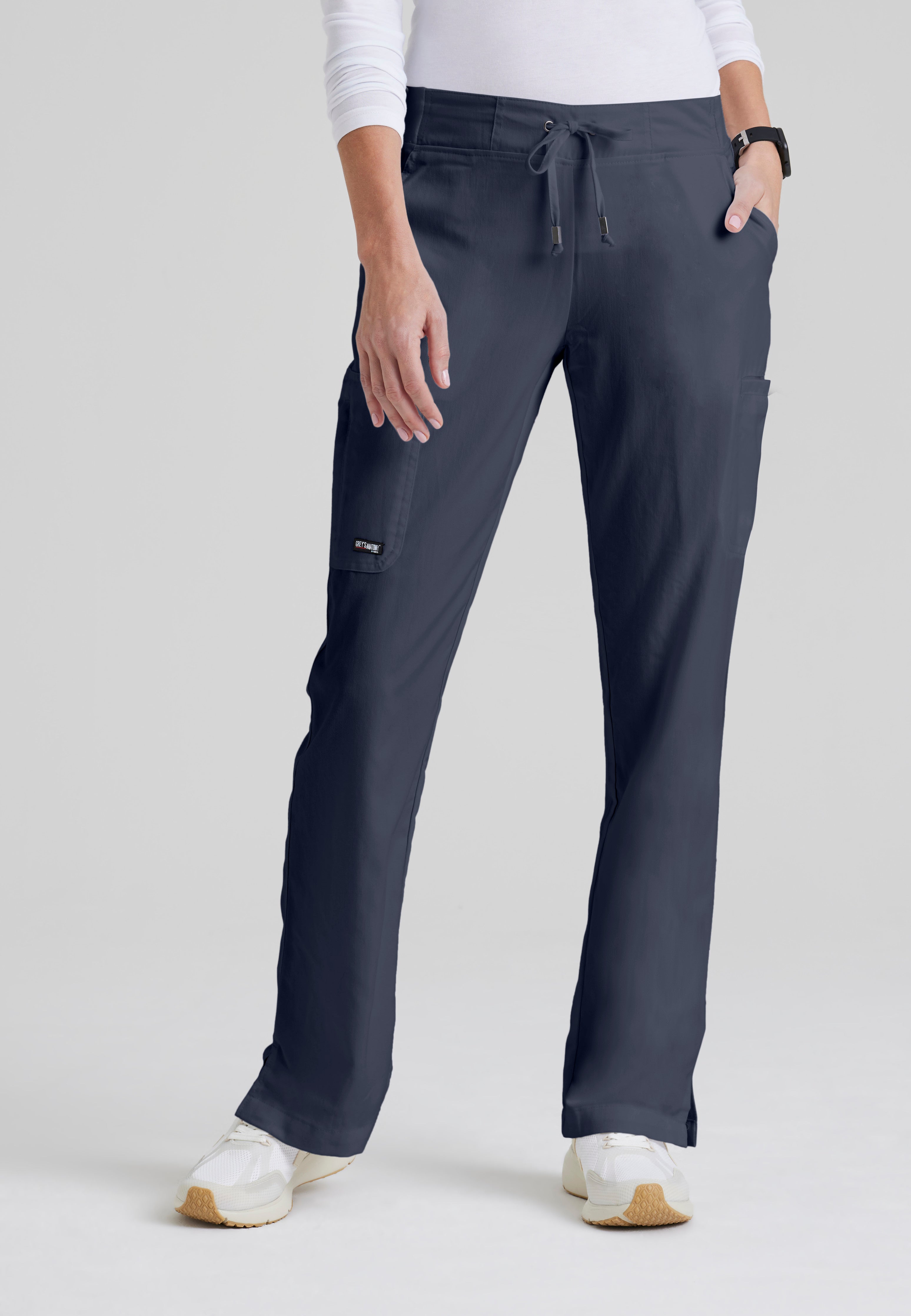 Front View of the Mia 6-Pocket Mid-Rise Straight Leg Scrub Pant in Steel from Grey's Anatomy™ by Barco Classic