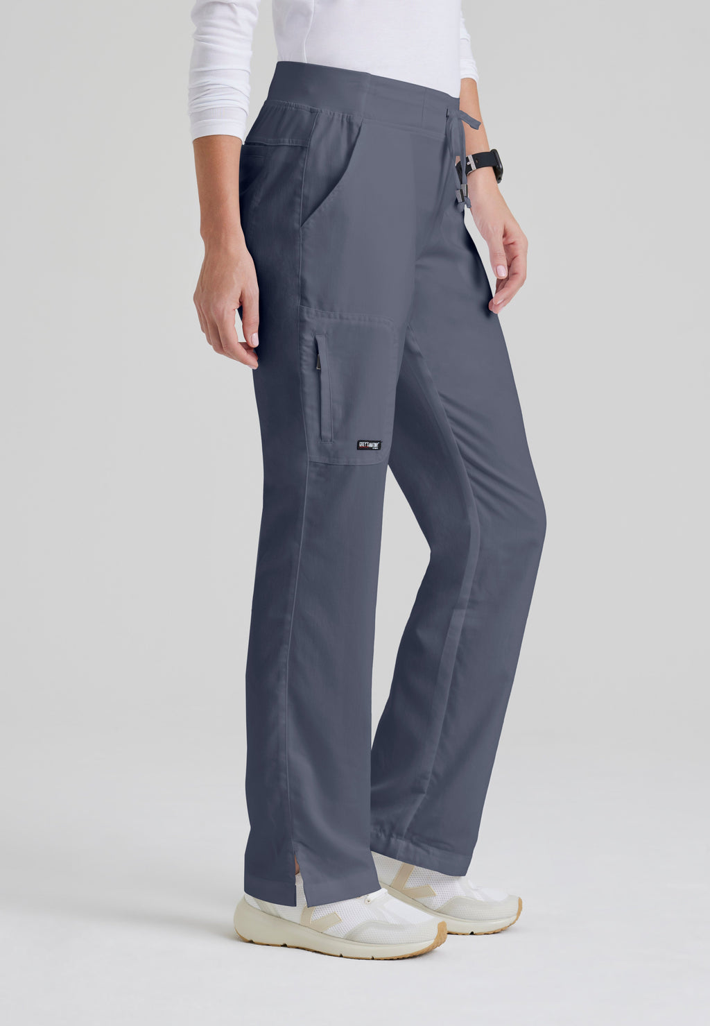 Side View of the Mia 6-Pocket Mid-Rise Straight Leg Scrub Pant in Steel from Grey's Anatomy™ by Barco Classic