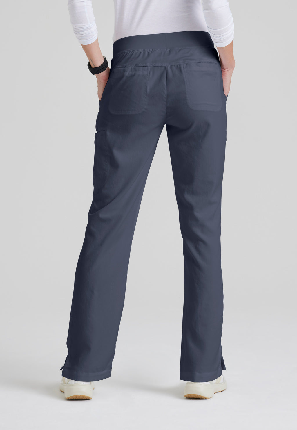 Back View of the Mia 6-Pocket Mid-Rise Straight Leg Scrub Pant in Steel from Grey's Anatomy™ by Barco Classic