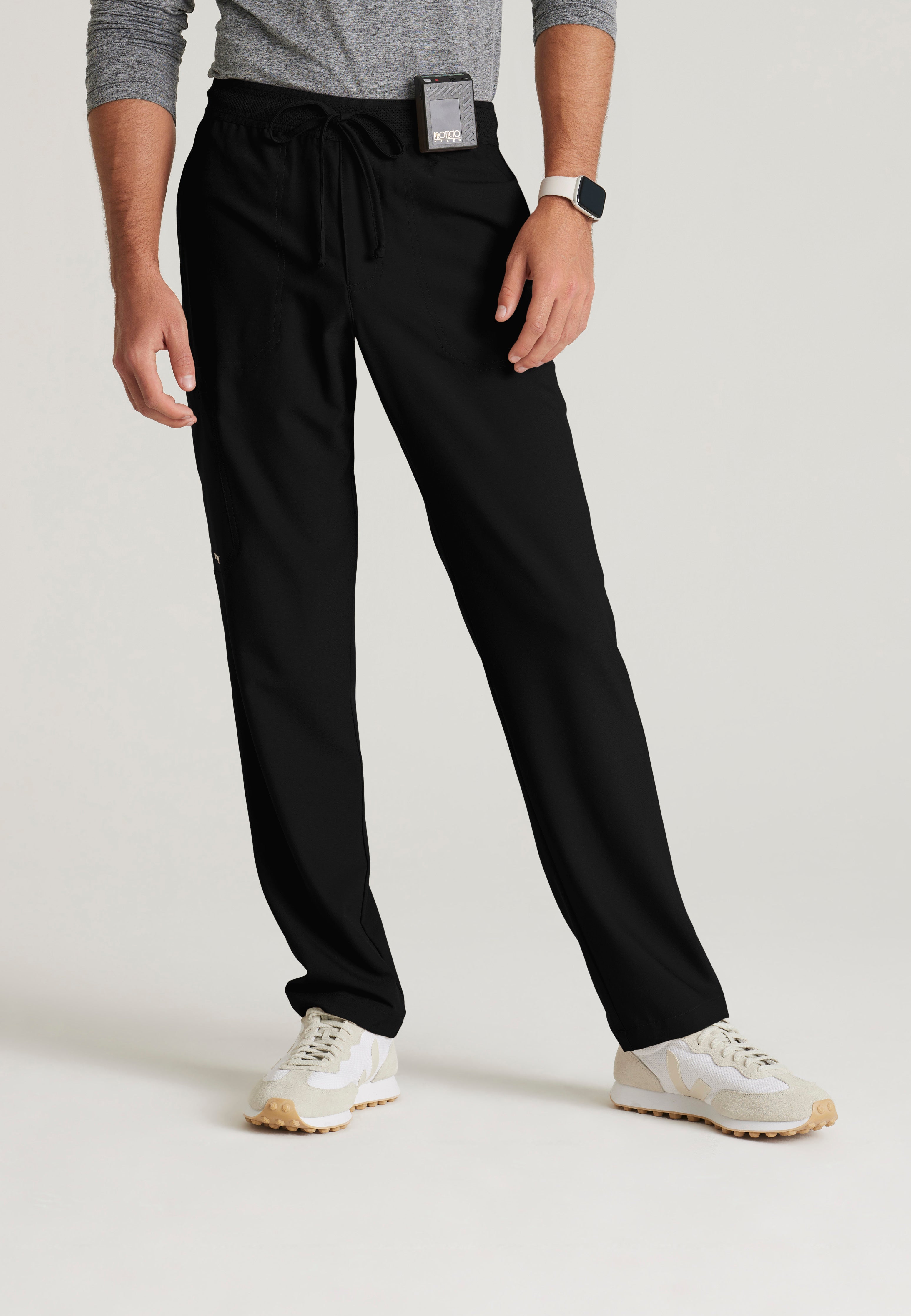Front View of the Highland 5-Pocket Slim Straight Leg Ciclo® Scrub Pant in Black from Grey's Anatomy™ by Barco Evolve