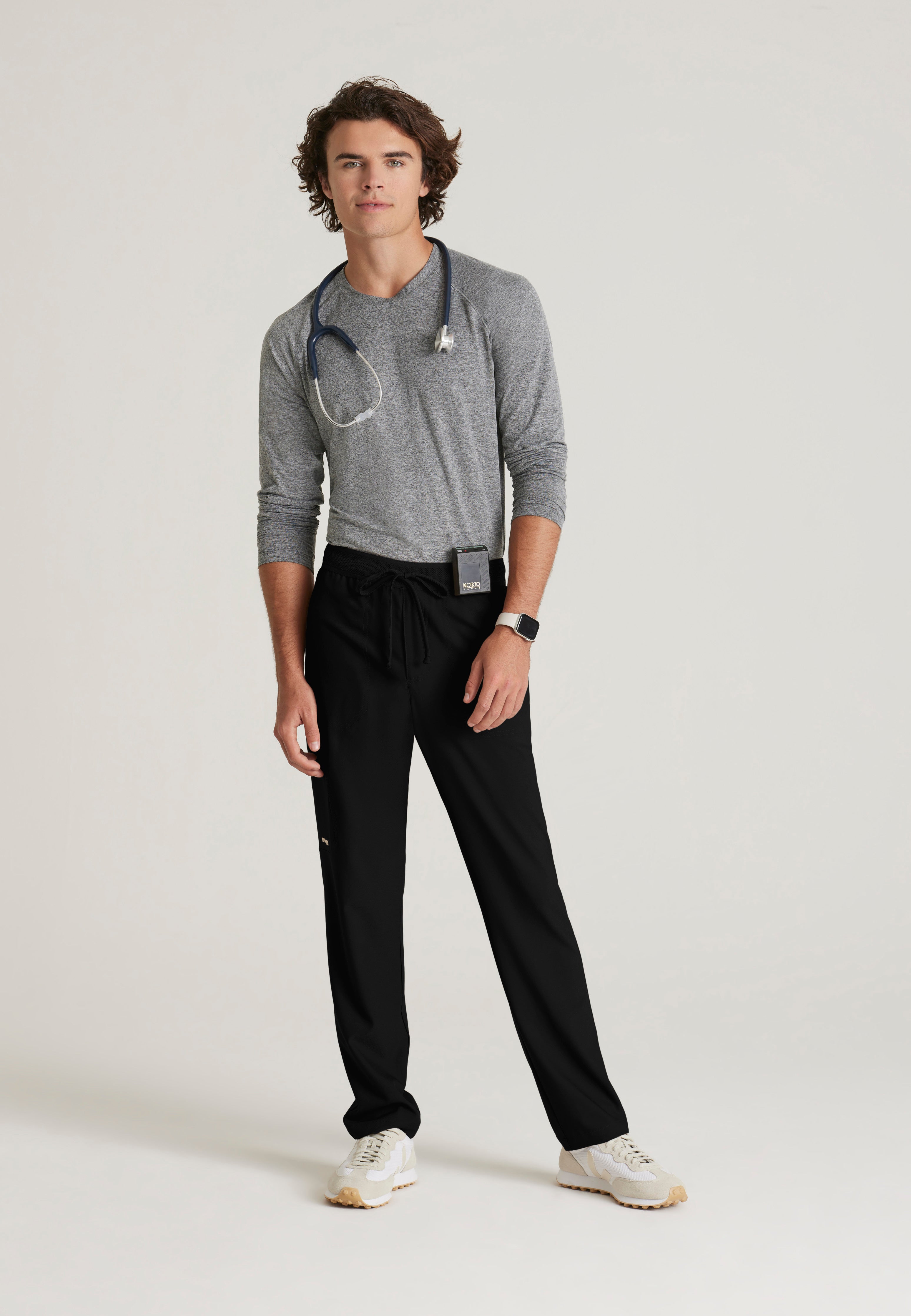 Full Body View of the Highland 5-Pocket Slim Straight Leg Ciclo® Scrub Pant in Black from Grey's Anatomy™ by Barco Evolve