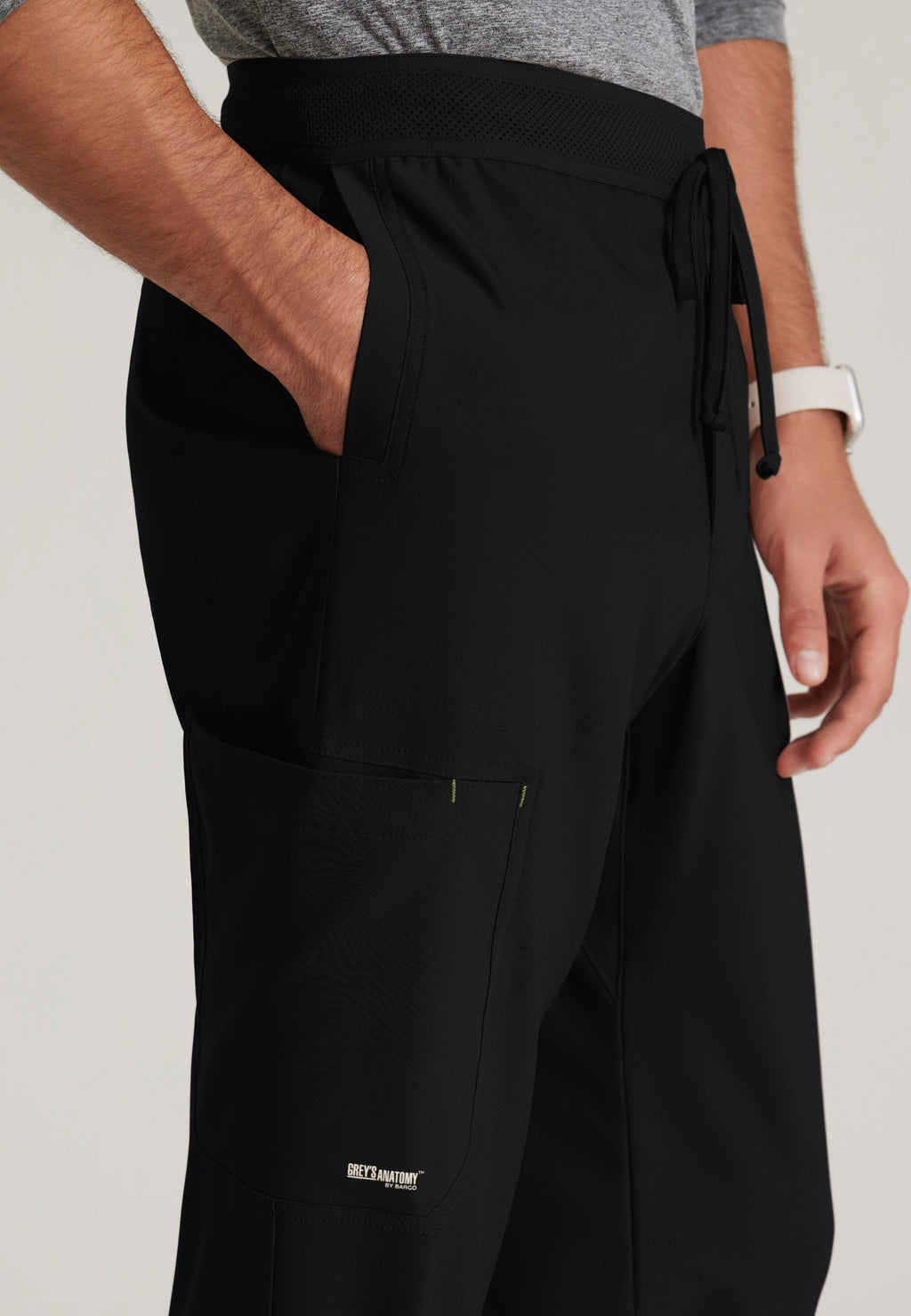 Detail Shot of the Highland 5-Pocket Slim Straight Leg Ciclo® Scrub Pant in Black from Grey's Anatomy™ by Barco Evolve