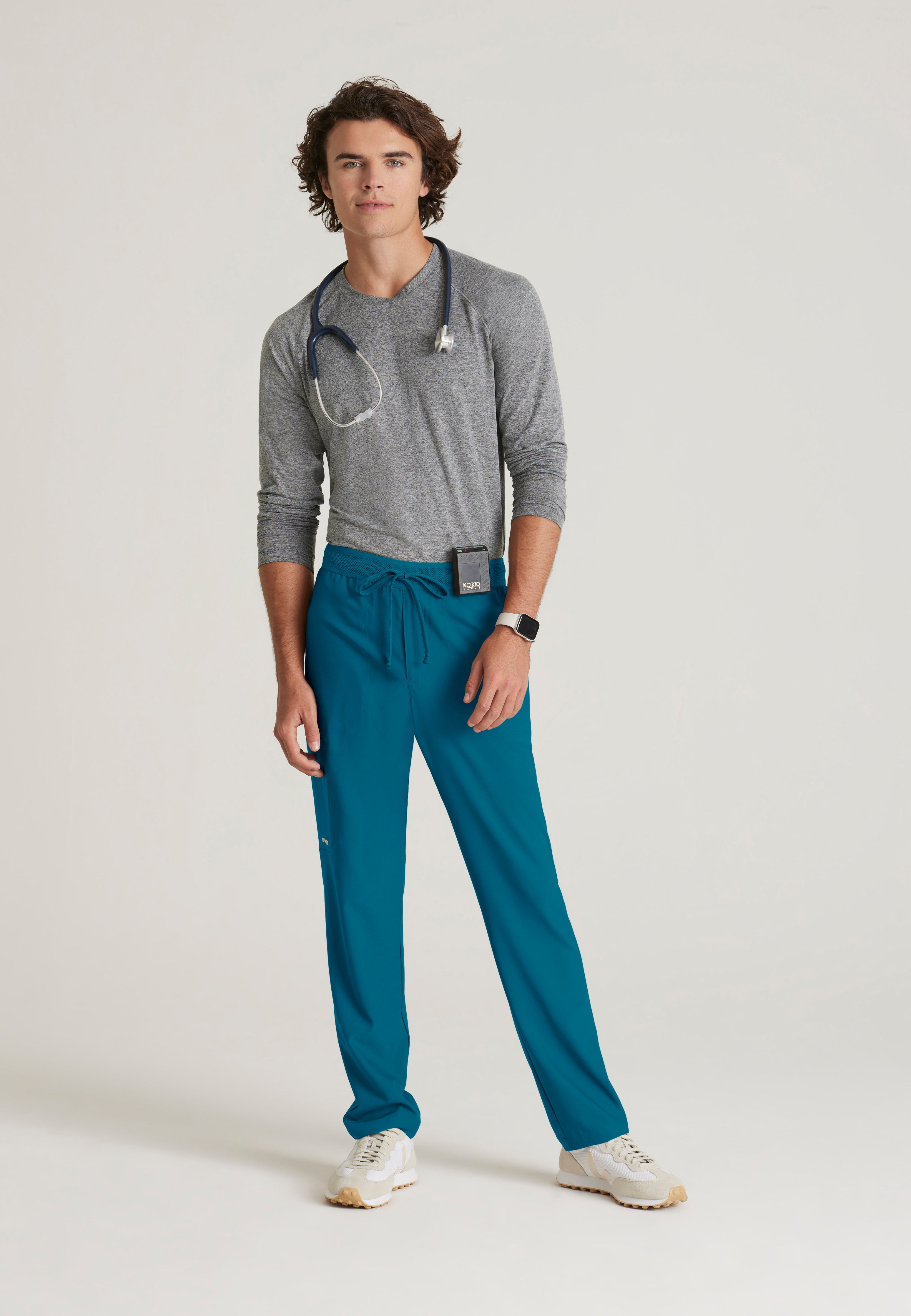 Full Body View of the Highland 5-Pocket Slim Straight Leg Ciclo® Scrub Pant in Bahama from Grey's Anatomy™ by Barco Evolve