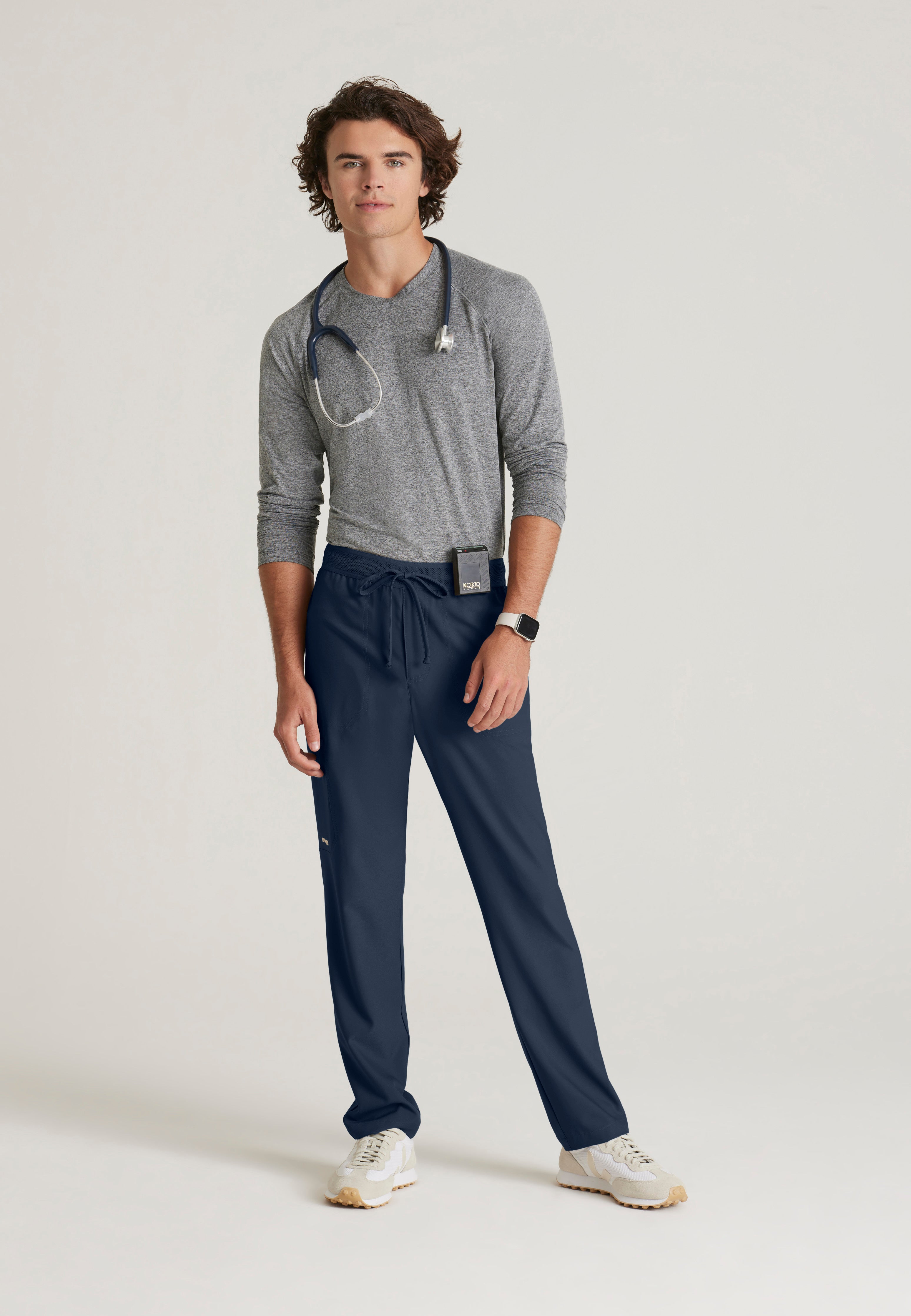Full Body View of the Highland 5-Pocket Slim Straight Leg Ciclo® Scrub Pant in Steel from Grey's Anatomy™ by Barco Evolve