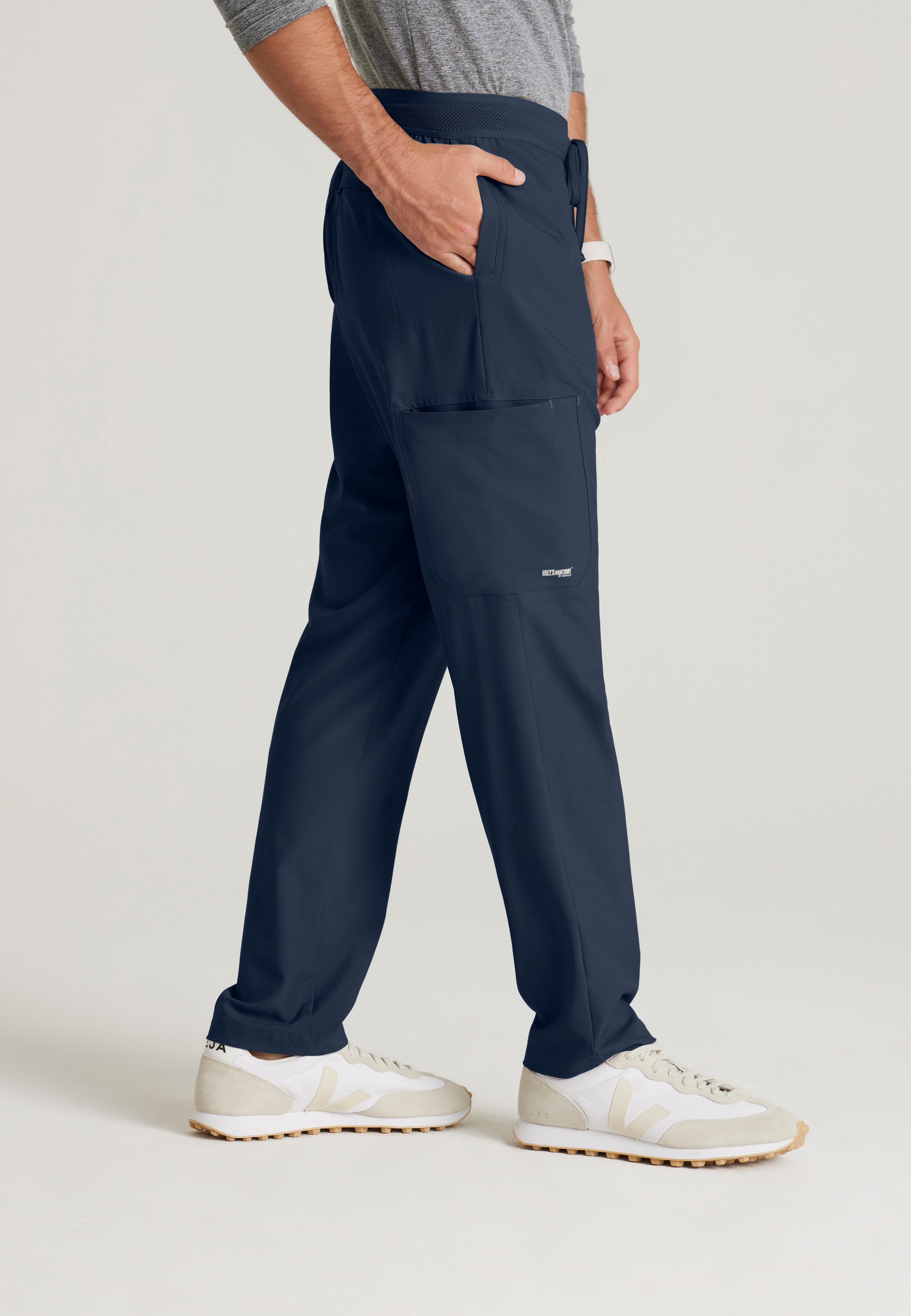 Side View of the Highland 5-Pocket Slim Straight Leg Ciclo® Scrub Pant in Steel from Grey's Anatomy™ by Barco Evolve